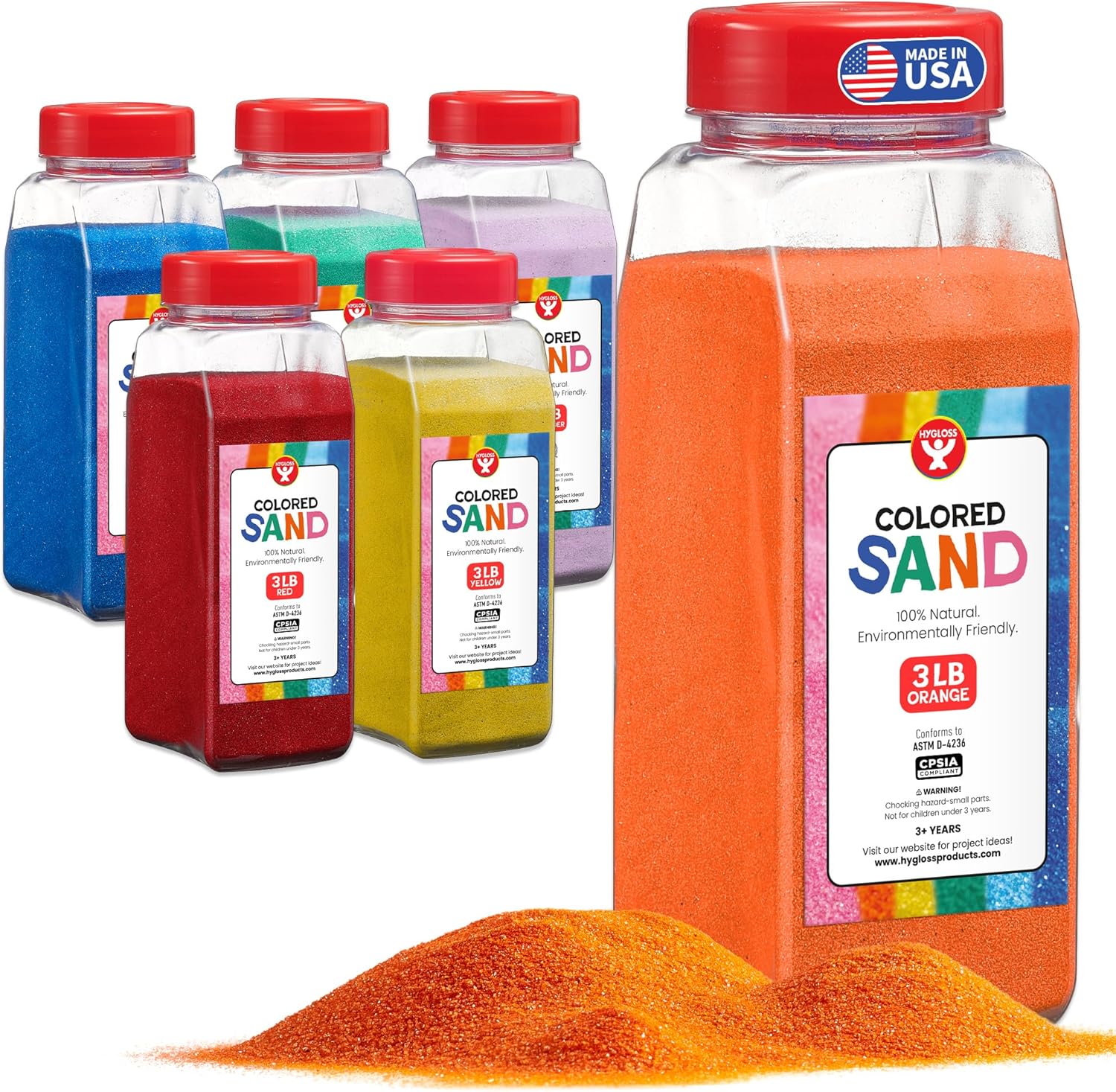 Hygloss Colored Sand for Crafts - 6 Assorted Colors - 3 lb Vibrant Colorful Fine Sensory Play Sand Art Kits for Kids - Classroom Activities for Children 3 4 5 6 7 8 9 10 11 12 - Safe for Ages 3+
