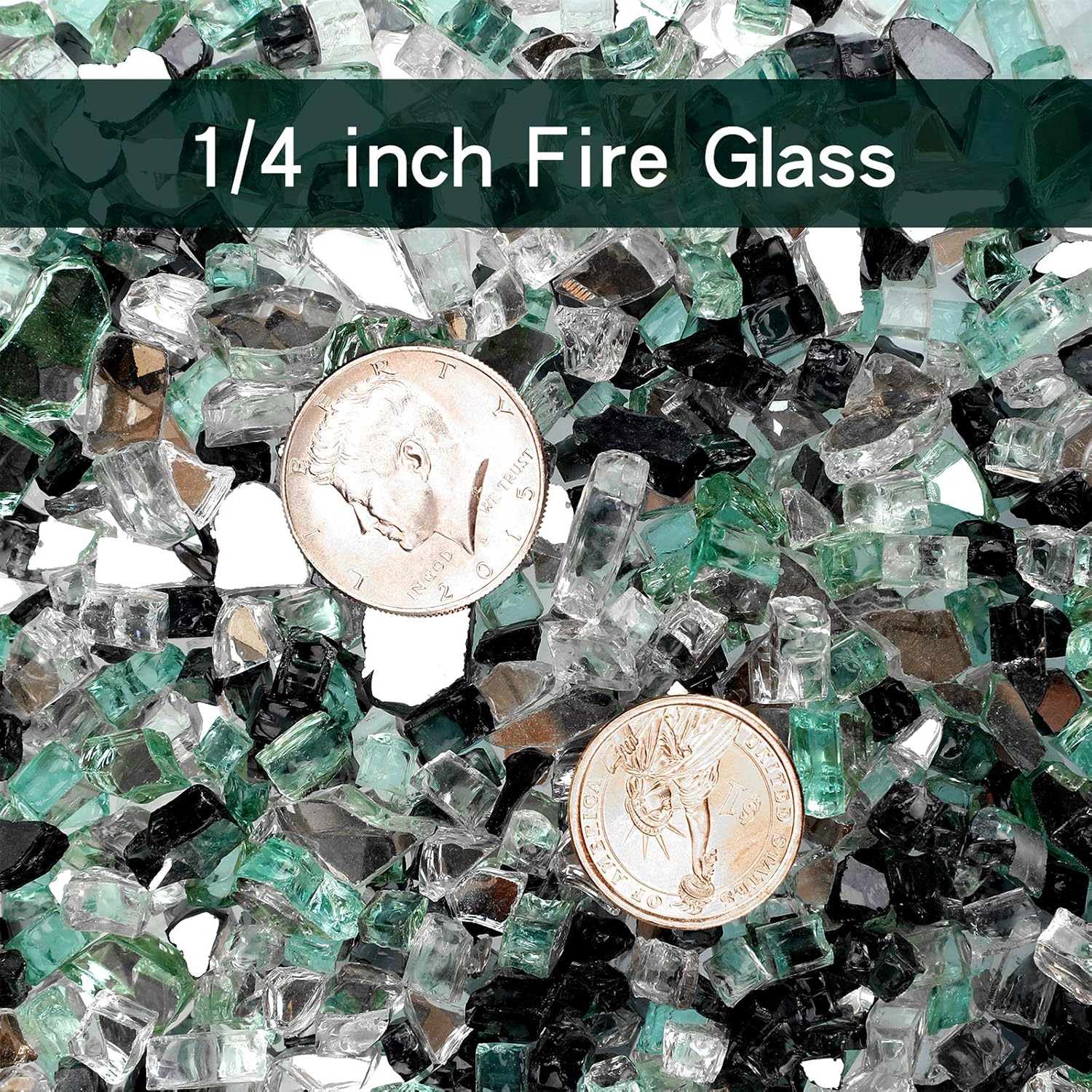 Onlyfire 10 Pounds Blended Reflective Fire Glass for Fire Pit Fireplace and Landscaping, 1/4 Inch Mixed Colored High Luster Fireglass Rocks for Outdoor ＆ Indoor - Onyx Black+Platinum+ Light Green