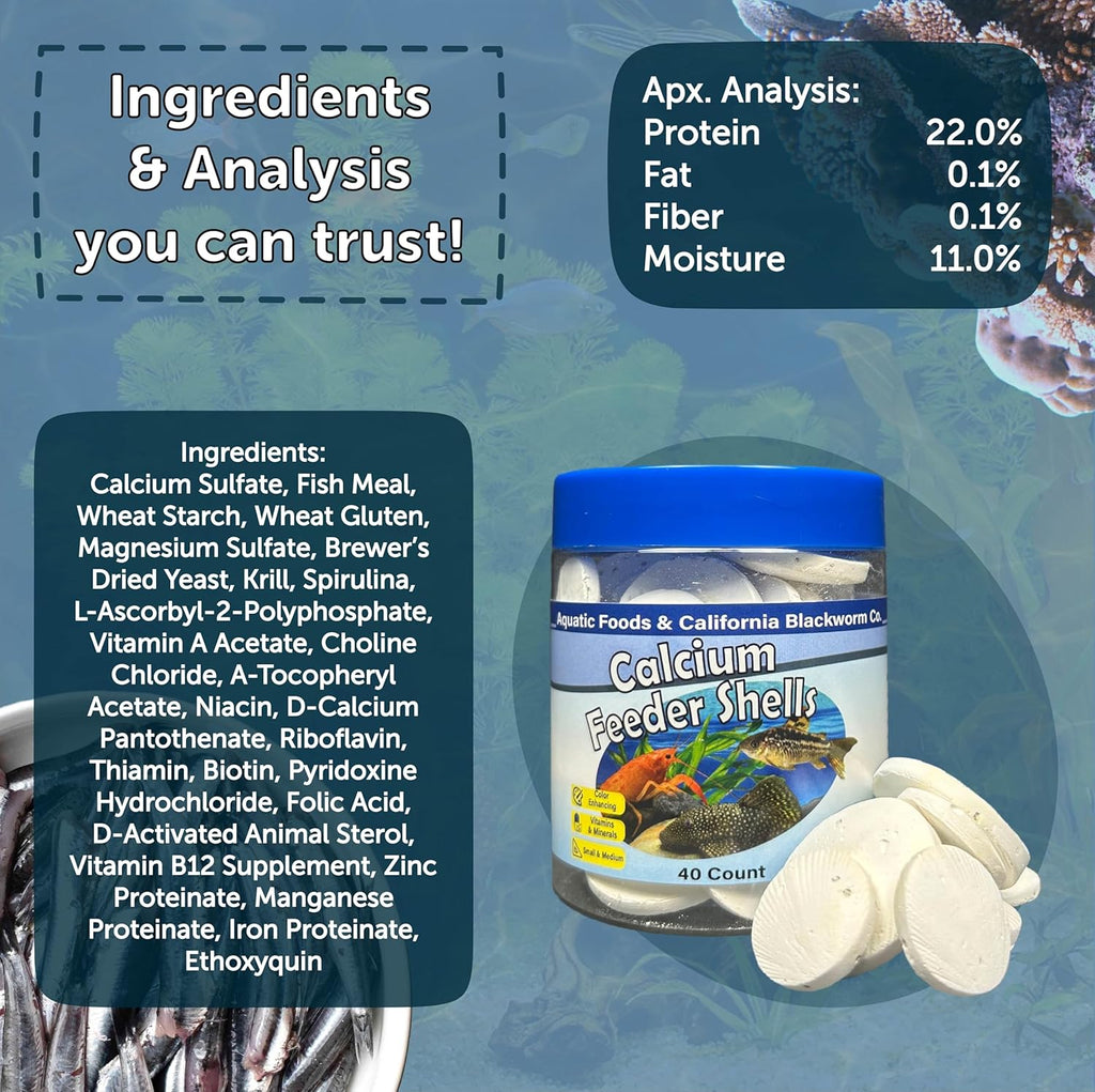 Aquatic Foods Inc. Calcium Feeding Shells, Small & Medium for Shrimp, Snails, Crabs, Crayfish, Plecos, Catfish, All Tropical Fish, 4-Type Wafer & 12-Type Pellet Mix Included...90 Count Canister
