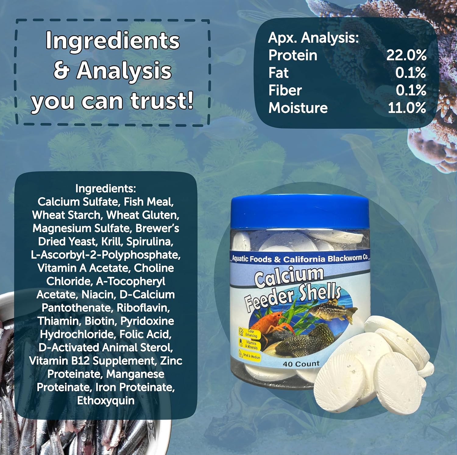 Aquatic Foods Inc. Calcium Feeding Shells, Small & Medium for Shrimp, Snails, Crabs, Crayfish, Plecos, Catfish, All Tropical Fish, 4-Type Wafer & 12-Type Pellet Mix Included...90 Count Canister