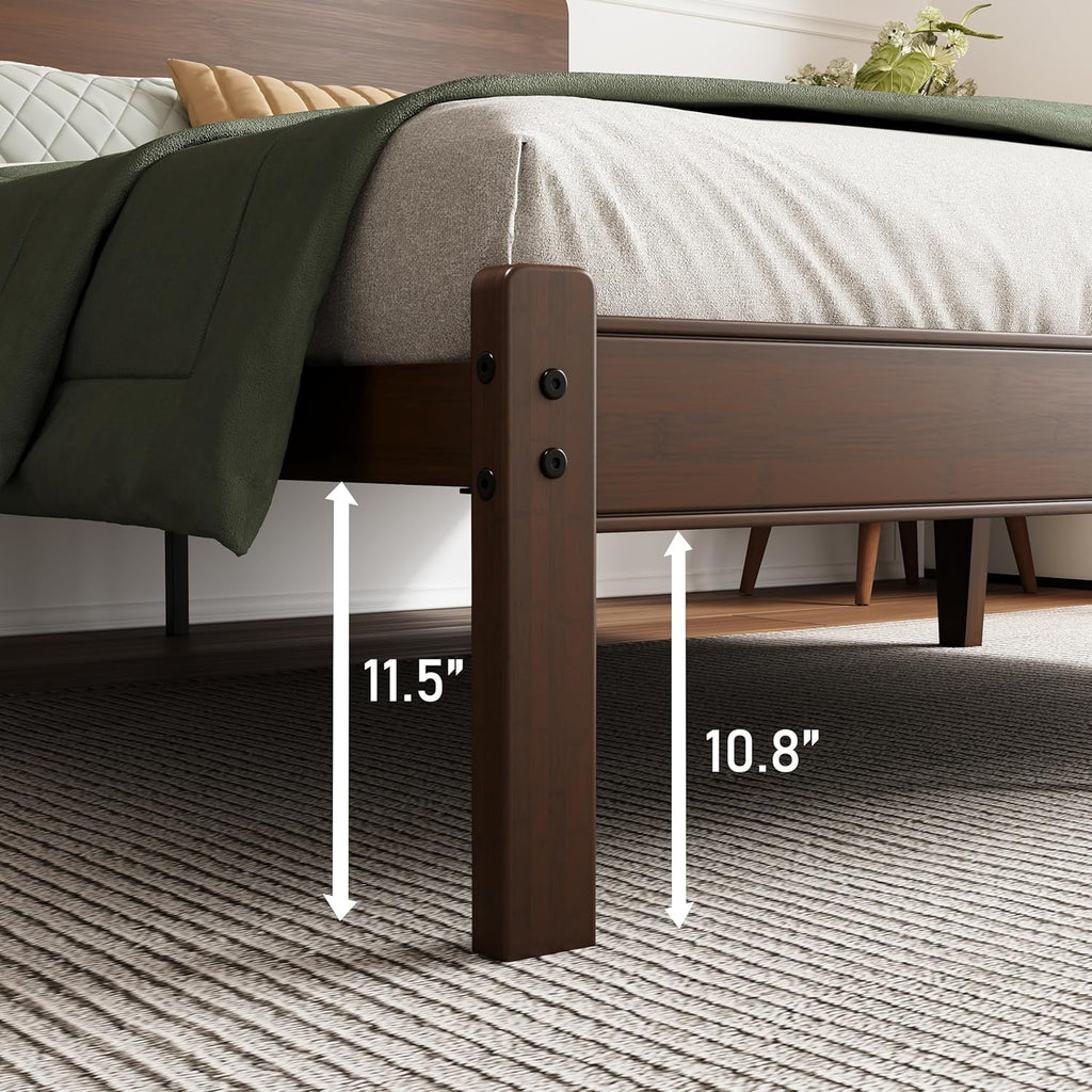 14in High Solid Bamboo Wood Platform Twin Size Bed Frame with Headboard, Reinforced Heavy Duty Metal Slats, Noise Free, No Box Spring Needed, Easy Assembly, Walnut
