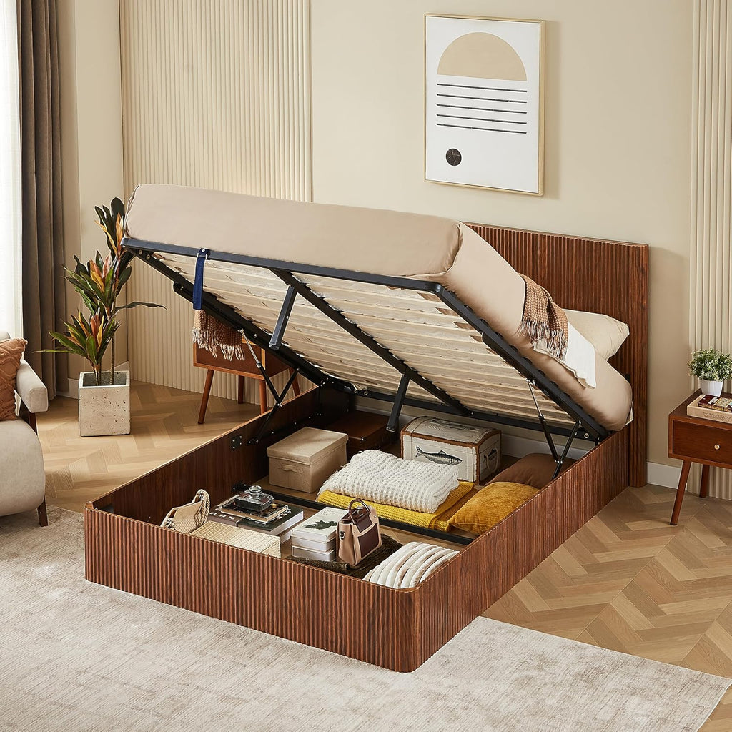 KEIKI Queen Size Wood Platform Bed Bedframe with Lift Up Hydraulic Storage,Corrugated Curved Lines Design for Bedroom Adult