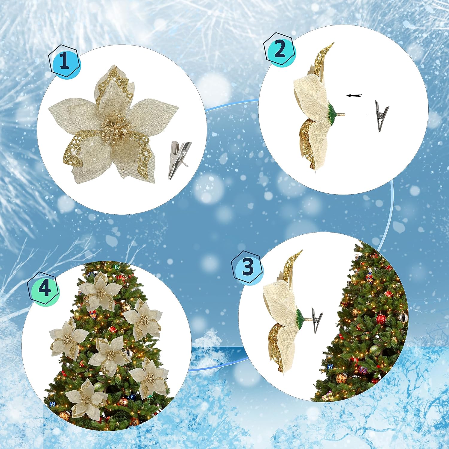 Childom 12 PCS Poinsettia Flower Artificial Poinsettia Christmas Decoration 5.9'' Gold Glitter Poinsettias Christmas Ornaments Xmas Tree Flower Decor with Clips DIY Xmas Wreath Holiday Home Party