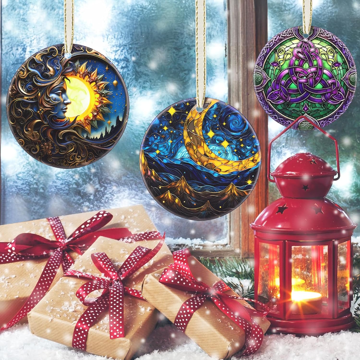 2025 Christmas Ornament - Christmas Tree Ornaments, Round Ceramic Holiday Decor - Gift Idea for Friends, Exchange - Retro Moon Star