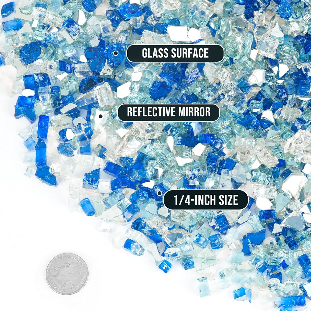 Skyflame 10-Pound Blended Fire Glass for Fire Pit Fireplace Landscaping, 1/4 Inch Aqua Blue, Platinum, Cobalt Blue, Reflective