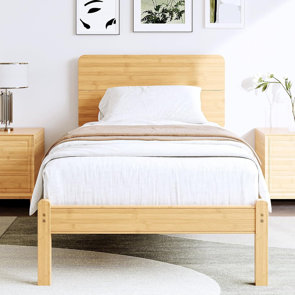 14in High Solid Bamboo Wood Platform Twin Size Bed Frame with Headboard, Reinforced Heavy Duty Metal Slats, Noise Free, No Box Spring Needed, Easy Assembly