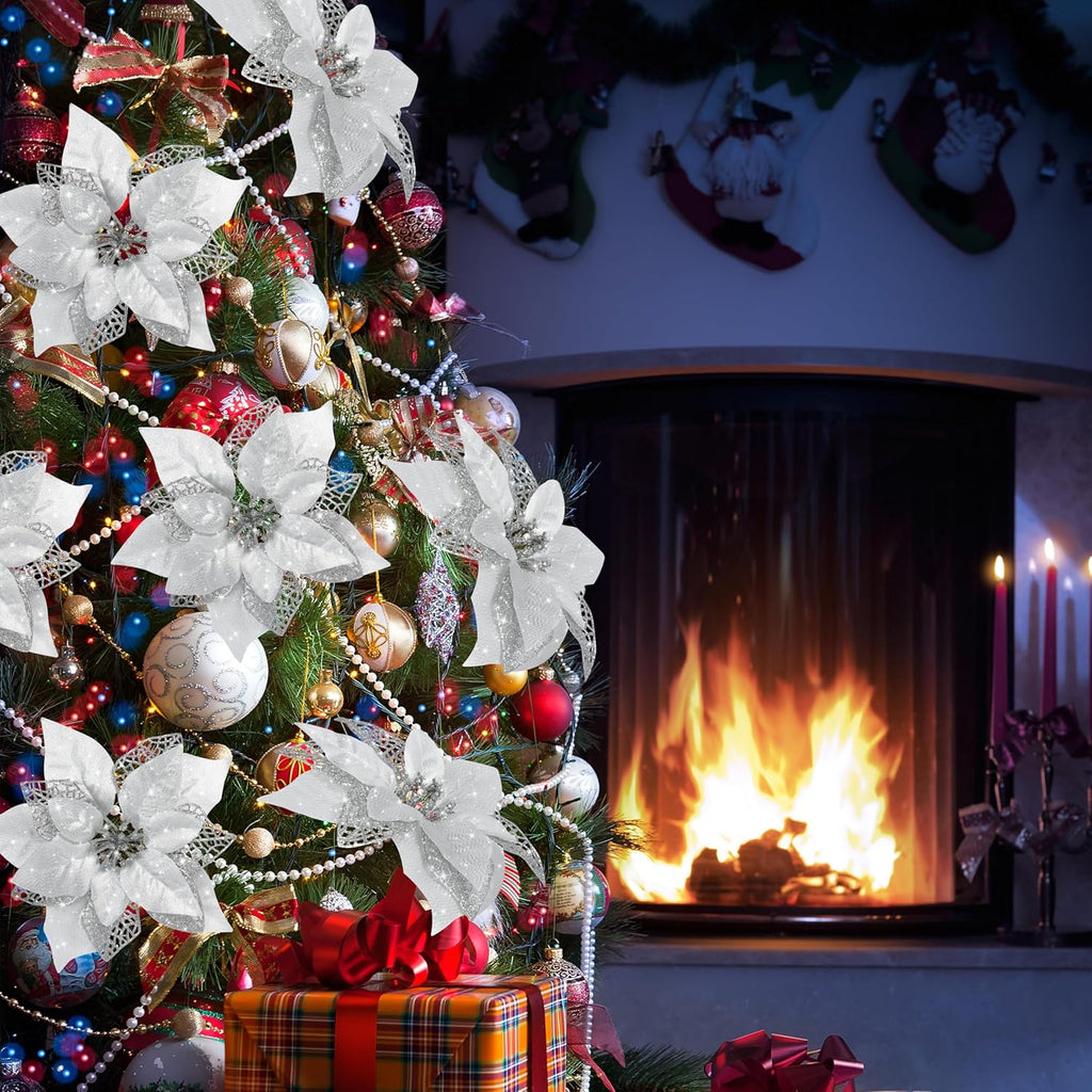 12 PCS Poinsettia Flower Artificial Poinsettia Christmas Decoration 8.7'' Silver Glitter Poinsettias Christmas Ornaments Christmas Tree Flower Decor with Clips DIY Xmas Wreath Holiday Home Party Decor