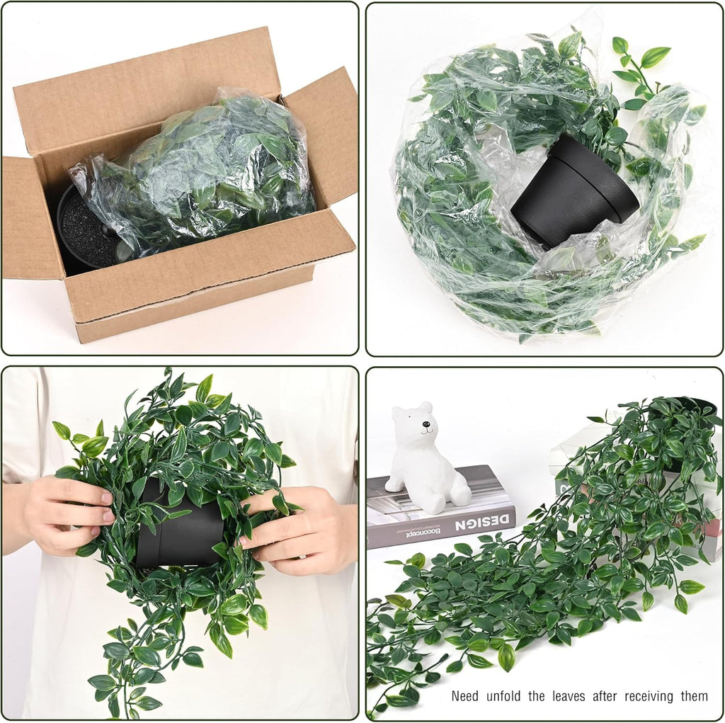 Waipfaru 2Pcs Fake Hanging Plants with Pot Deep Green Eucalyptus Leaves UV Resistant Fake Vines Ivy Artificial Plants Outdoor Faux Plants Indoor Bedroom Living Room Boho Wall Porch Shelf Decor