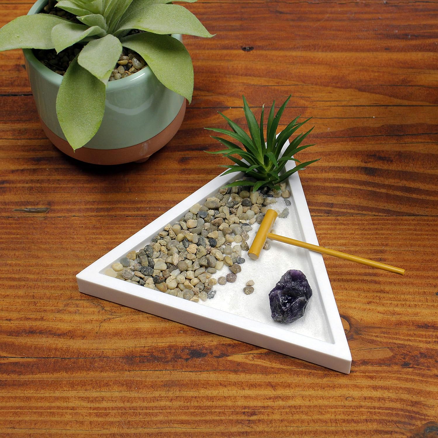 Nature's Mark Mini Zen Garden Kit with White Sand, Rake, White Base, Salt Rock and Air Plant (Triangle)