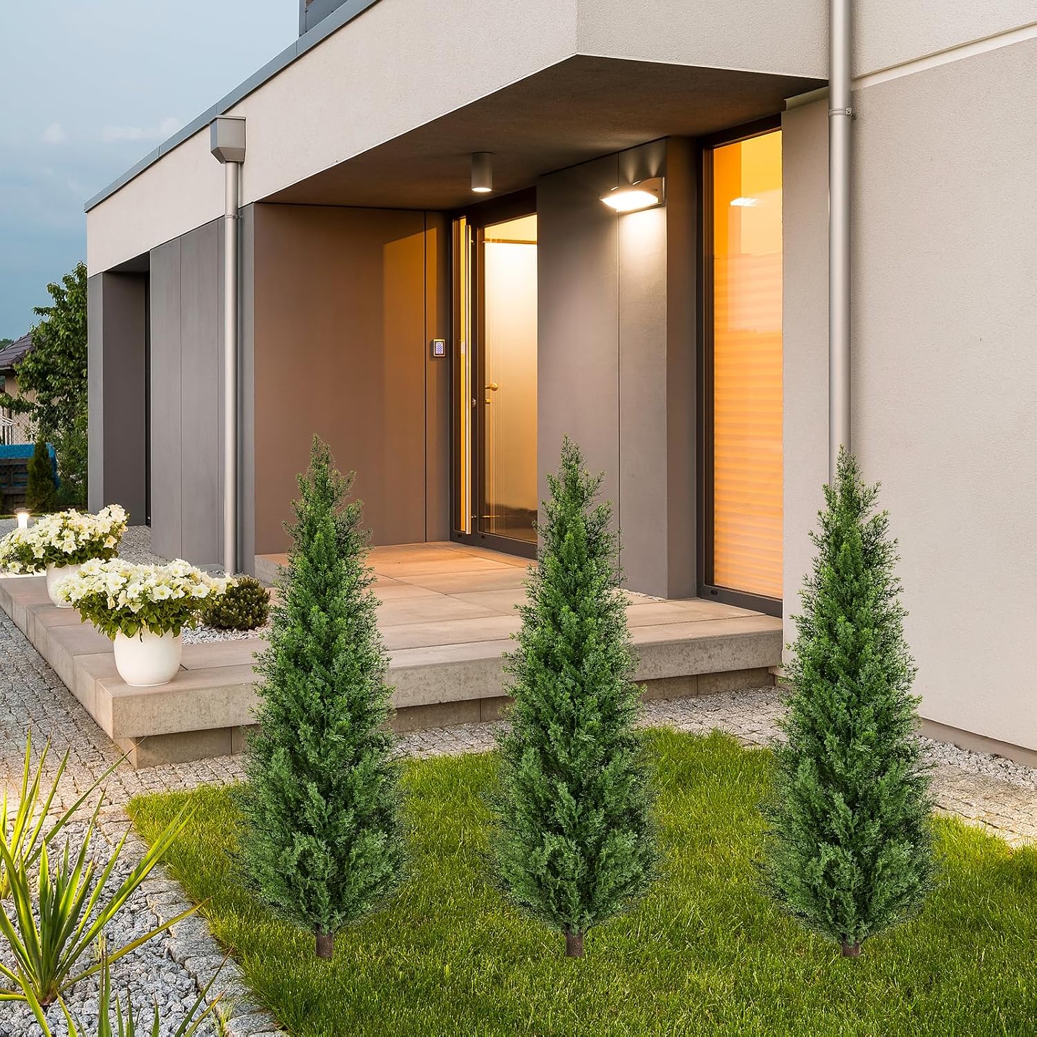 4FT Artificial Cedar Topiary Trees with Ground Spike, Set of 2 UV Resistant Fake Evergreen Bushes Shrubs Trees Artificial Plants Realistic Faux Cypress Plants for Indoor Outdoor Front Porch Garden