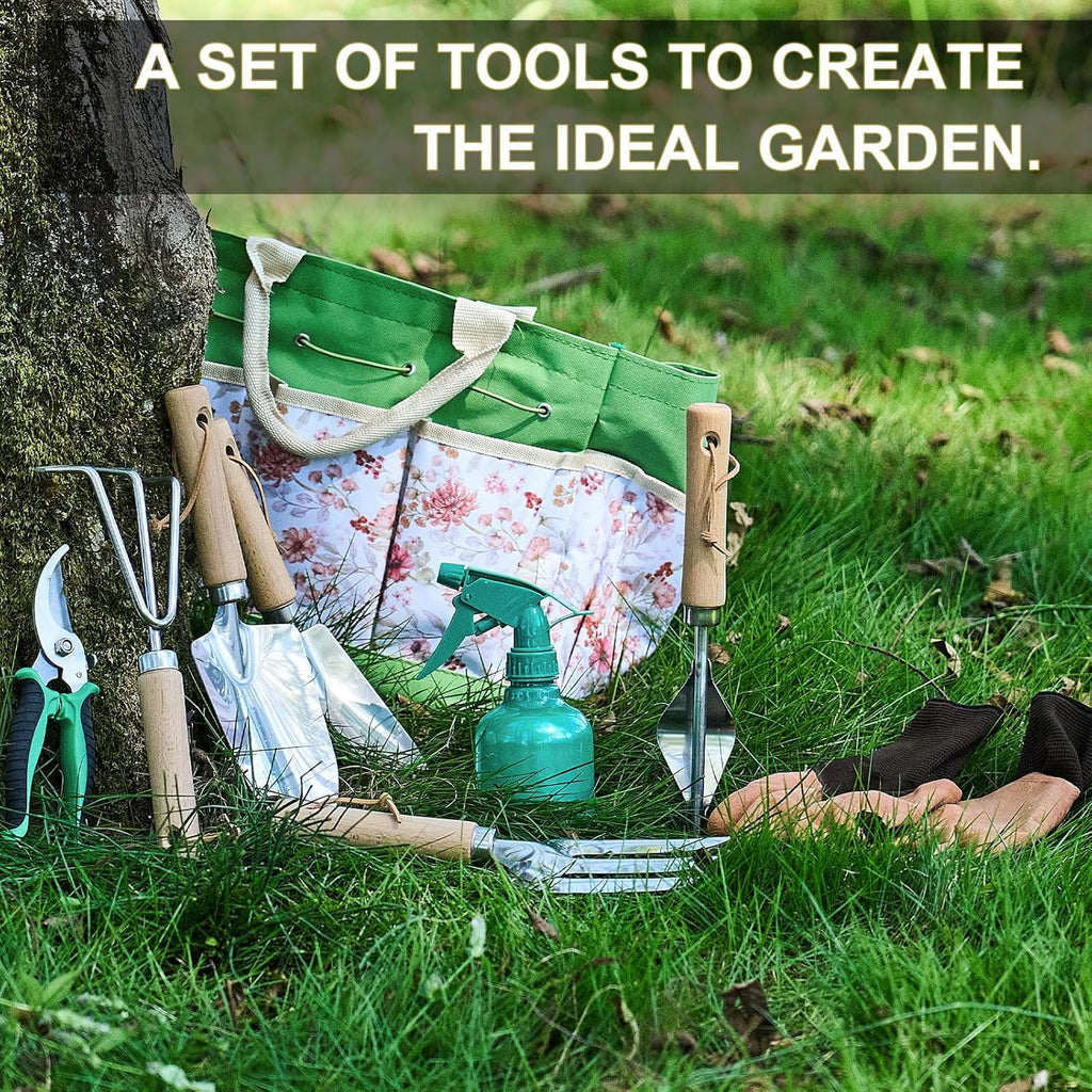 9-Piece Gardening Tools Set - Complete Gardening Kit with Heavy-Duty Stainless Hand Tools, Durable Storage Bag with Garden Accessories, Ideal Gardening Gifts for Women, Men, Gardeners (Green)