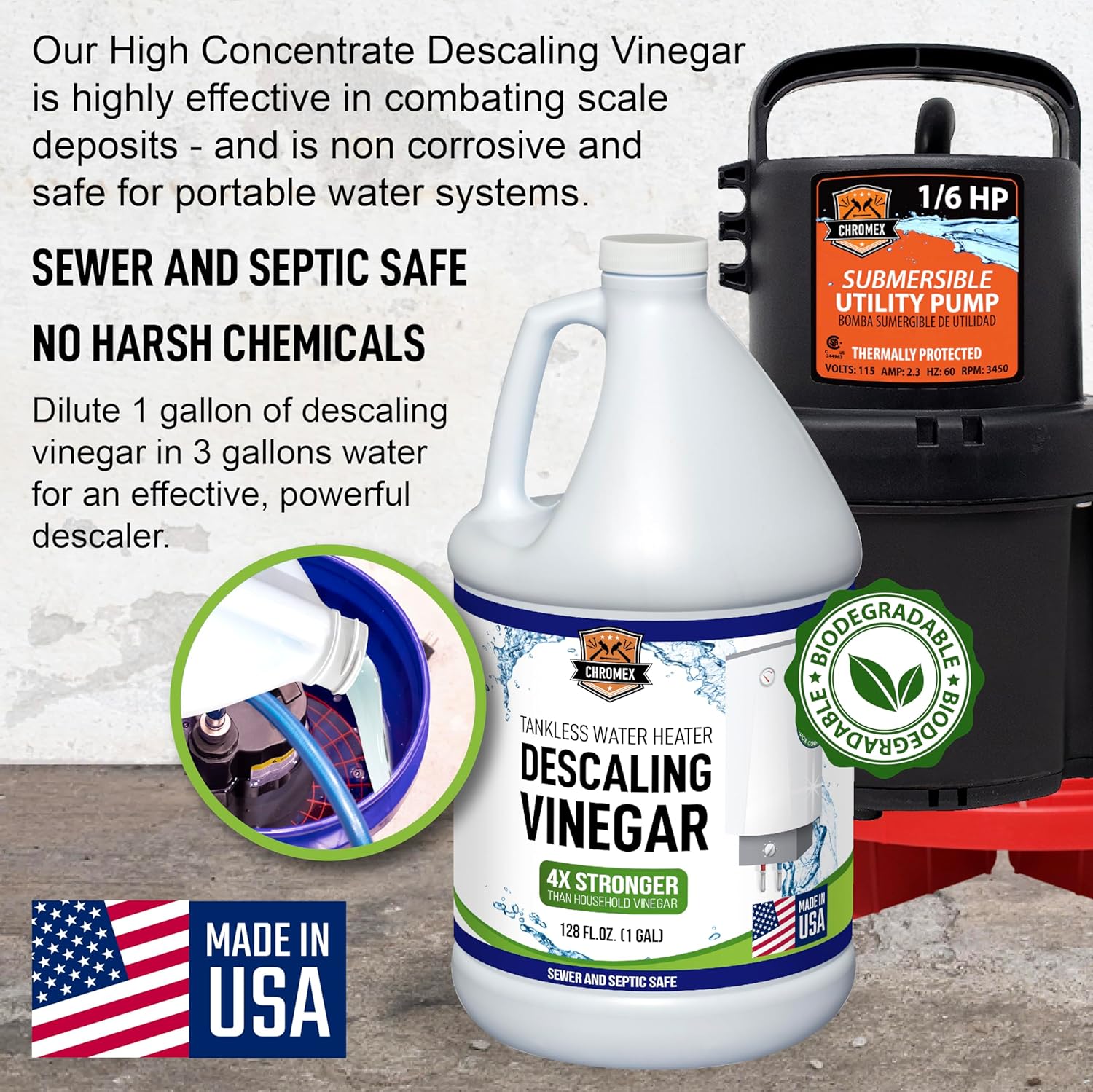 Chromex Tankless Water Heater Flush Kit with Concentrated Vinegar, Dilutes to 4 Gallons and 1/6HP Extra Strength Pump