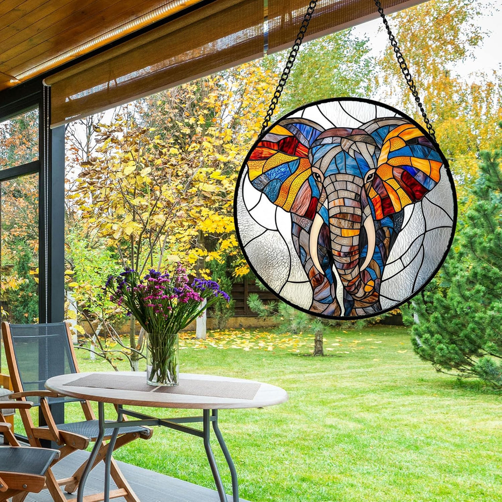 Stained Glass Window Hanging, Colorful Elephant Sun Catcher for Door Home Decor Animal Suncatcher Christmas Mother's Day Birthday Gifts for Women Men Mom and Nana 6.3 in