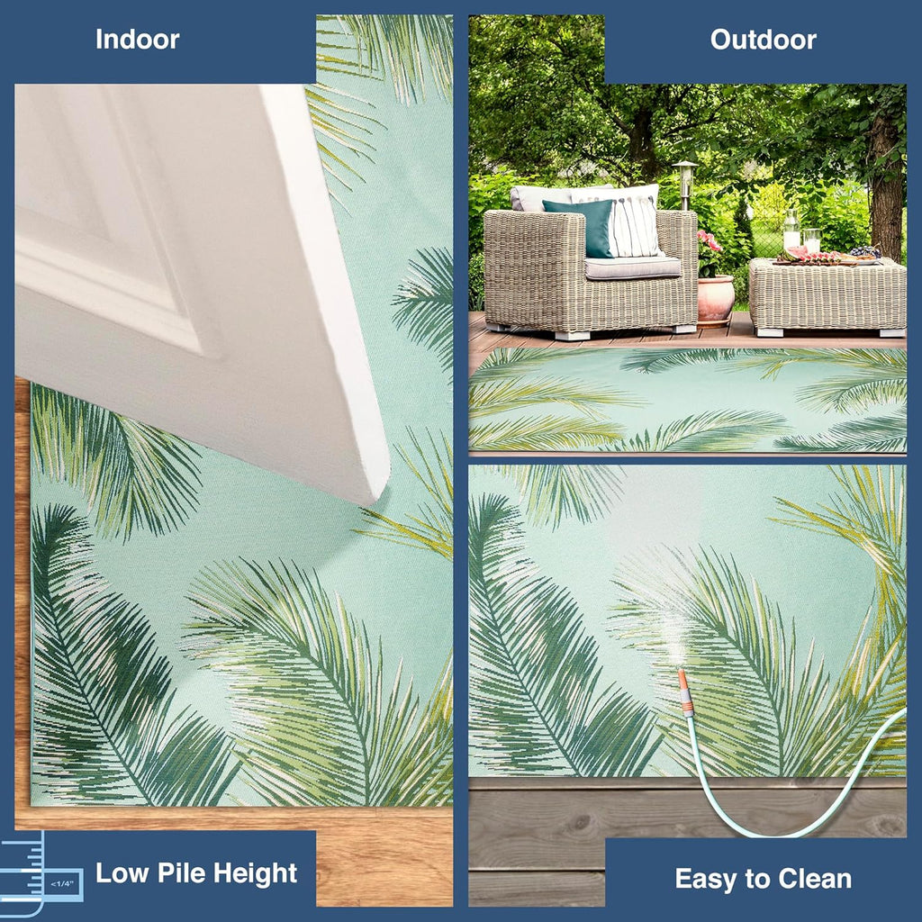 Liora Manne Marina Indoor/Outdoor Power Loomed Synthetic Blend Low Profile Area Rug - Transitional Border Botanical Beach Colorful (Palm Border Aqua) (3'3" x 4'11")