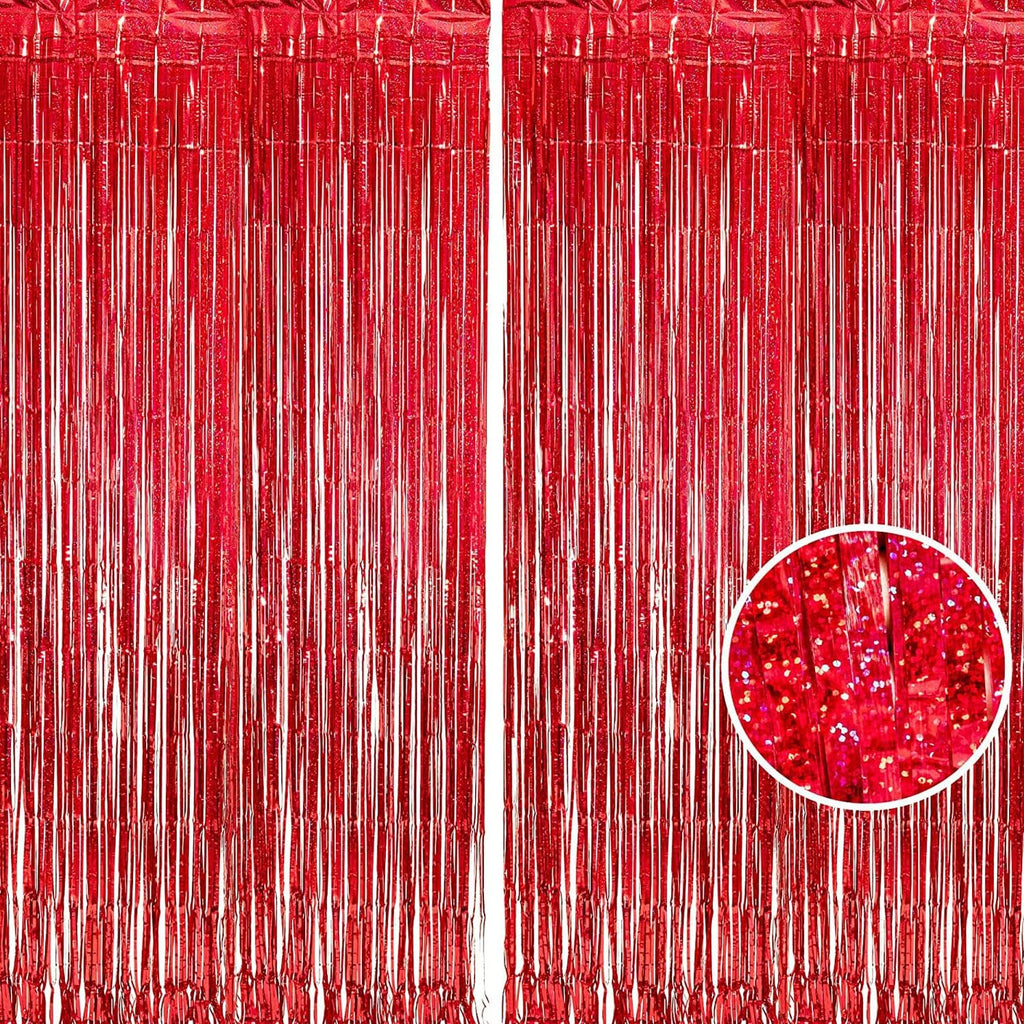 BRAVESHINE Red Tinsel Foil Fringe Curtains - 2Pcs 3.2x8.2ft Holidays Photo Booth Party Backdrop for Christmas/Girl/Birthday/Valentine’s/Bridal/Bachelorette/Anniversary/Engagement/New Years Decorations