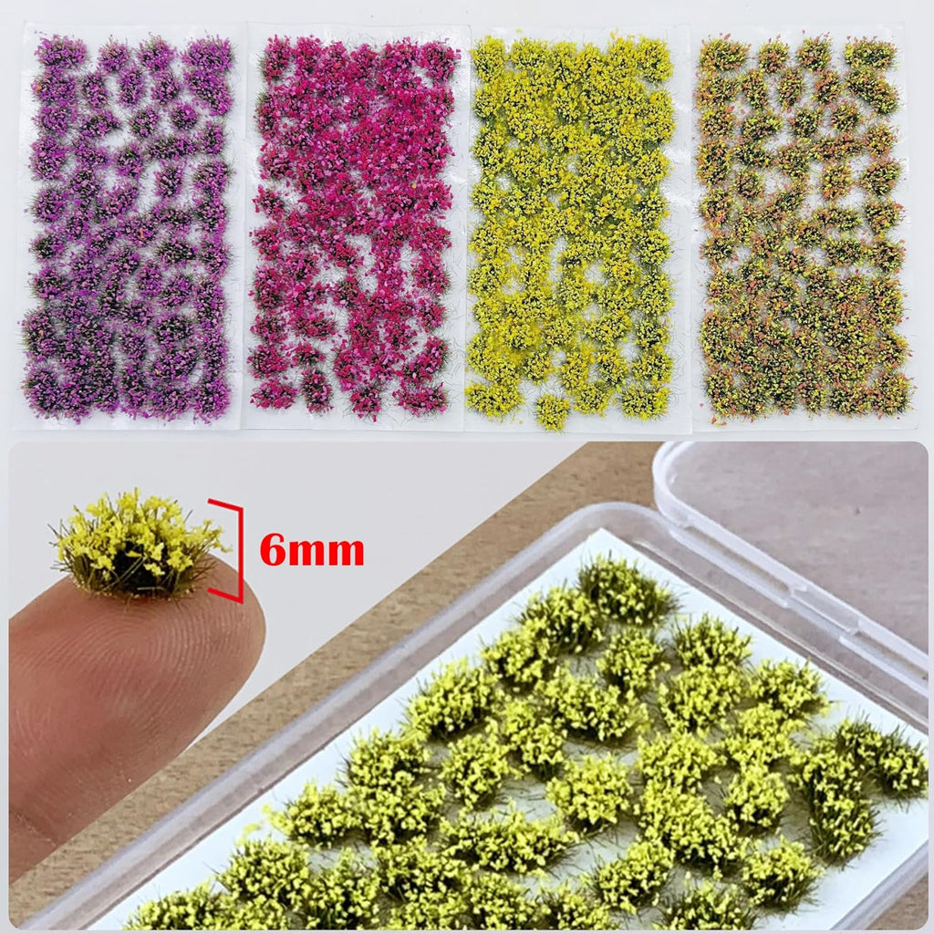 Woohome 4 Pack Miniature Colorful Flower Cluster Self Adhesive Flower Vegetation Groups Static Grass Tufts for Train Landscape Railroad Scenery Sand Military Layout Model