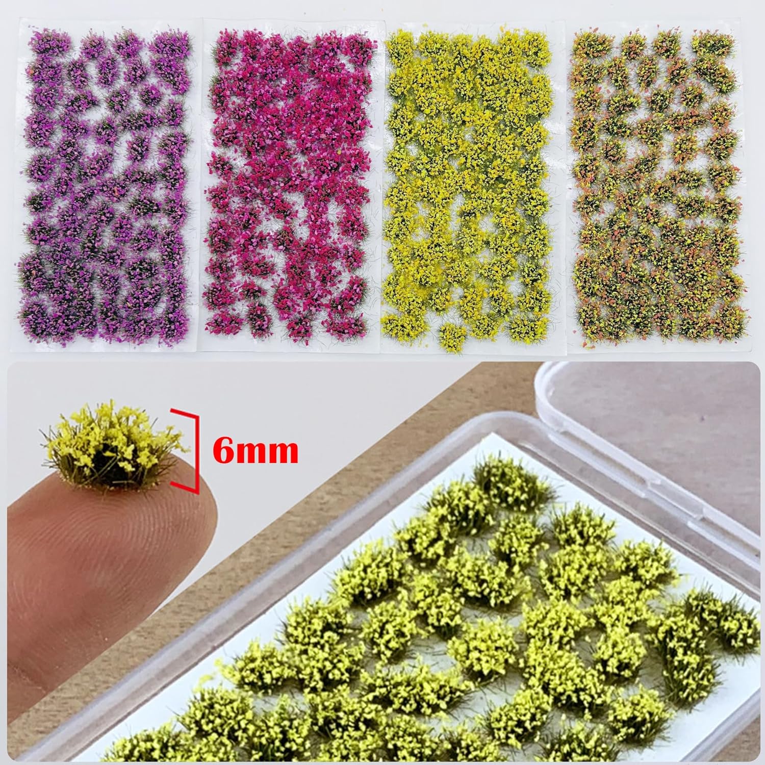 Woohome 4 Pack Miniature Colorful Flower Cluster Self Adhesive Flower Vegetation Groups Static Grass Tufts for Train Landscape Railroad Scenery Sand Military Layout Model