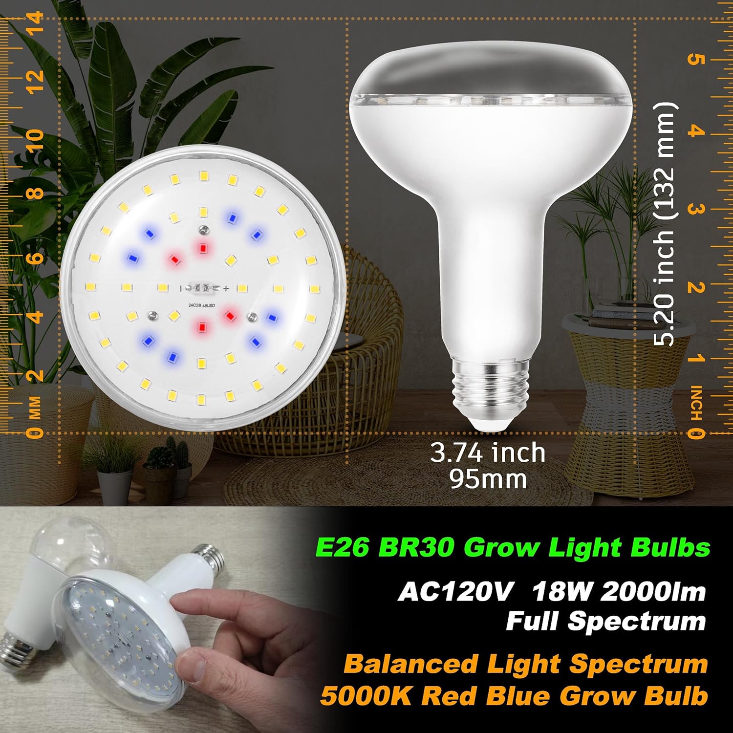 BR30 Grow Light Bulbs 18W 2000lm Full Spectrum Plant Happy Light Bulb 200W Equivalent E26 Base Balanced Spectrum 5000K Red Blue Grow Bulb for Indoor Plants Hydroponic Greenhouse Garden, 1 Pack