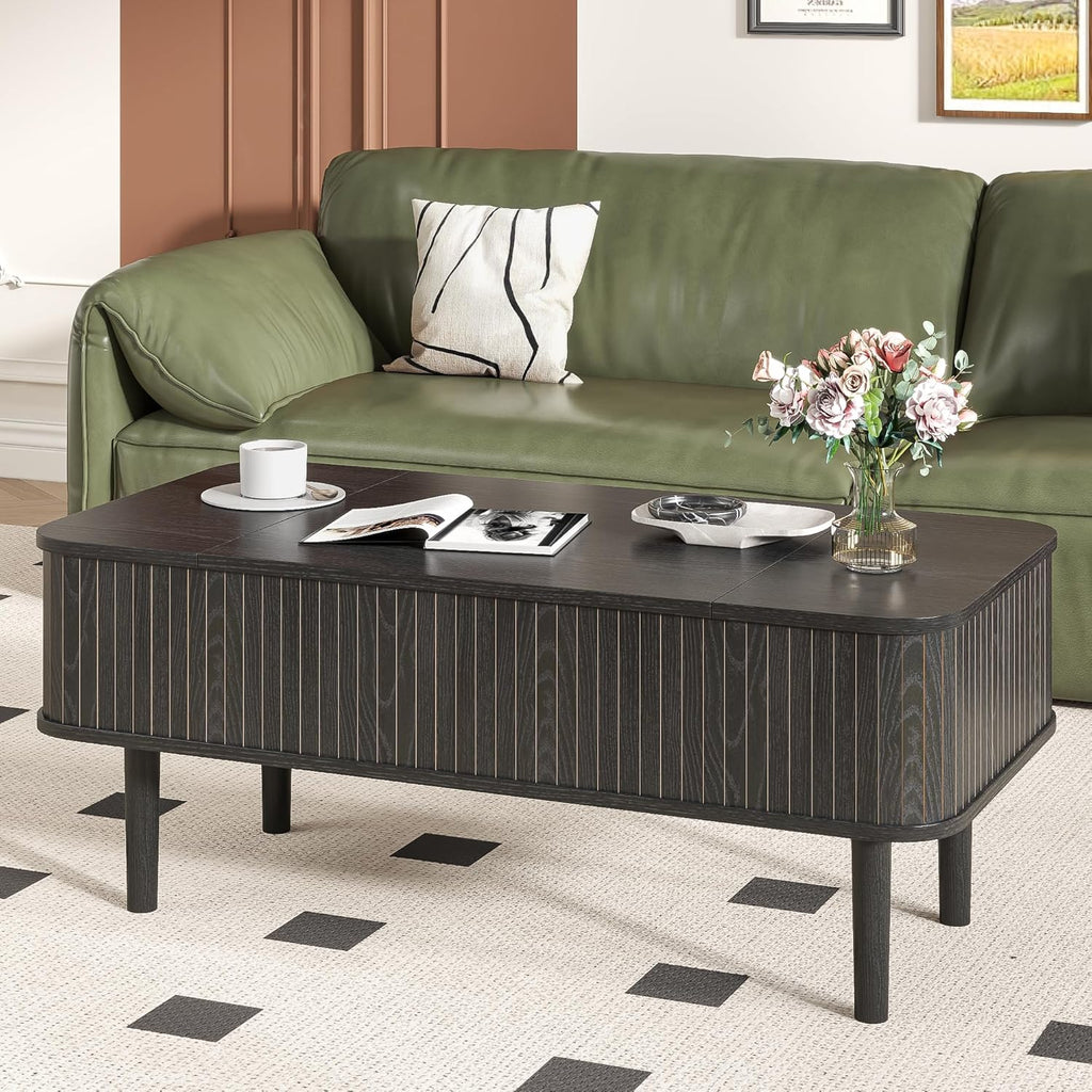 Fluted Lift Top Coffee Table with Storage, Mid Century Modern Coffee Table for Living Room, Home Small Space,39.4" Fluted Center Table (Rectangle-Black, 39.4inch)