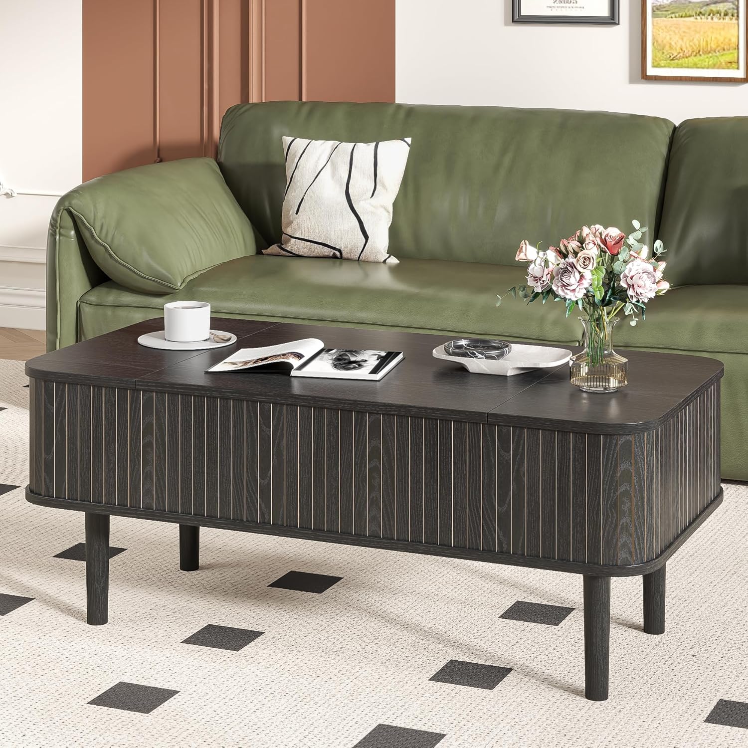 Fluted Lift Top Coffee Table with Storage, Mid Century Modern Coffee Table for Living Room, Home Small Space,39.4" Fluted Center Table (Rectangle-Black, 39.4inch)