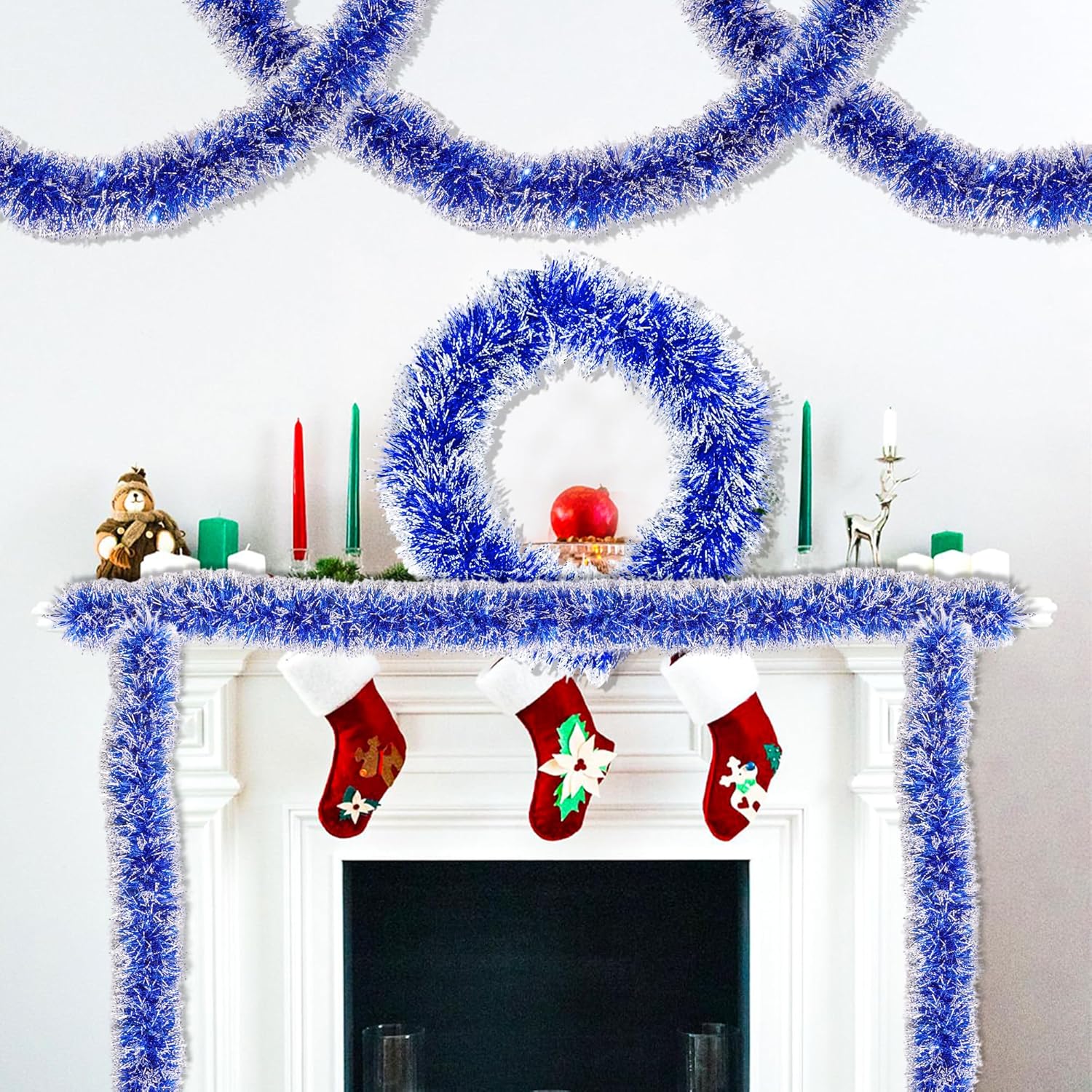 50 Feet Blue White Christmas Tinsel Garland Christmas Decorations, Thick Metallic Twist Shiny Hanging Tinsel Garlands for Xmas Tree Decor Stairs Mantle Fireplace Home Indoor Holiday Party Supplies