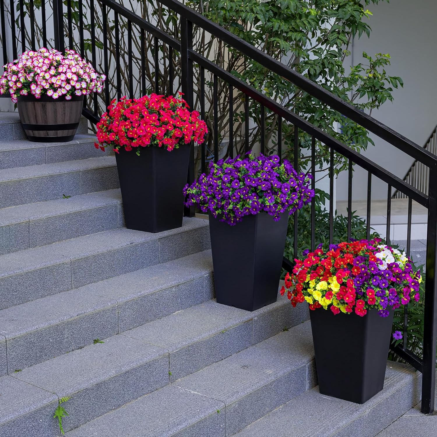 Artificial Faux Flowers for Outdoor 16 Bundles Boxwood Fake Morning Glory for Planter,UV Resistant Fake Flowers for Home Porch Patio Outside（7 Color）