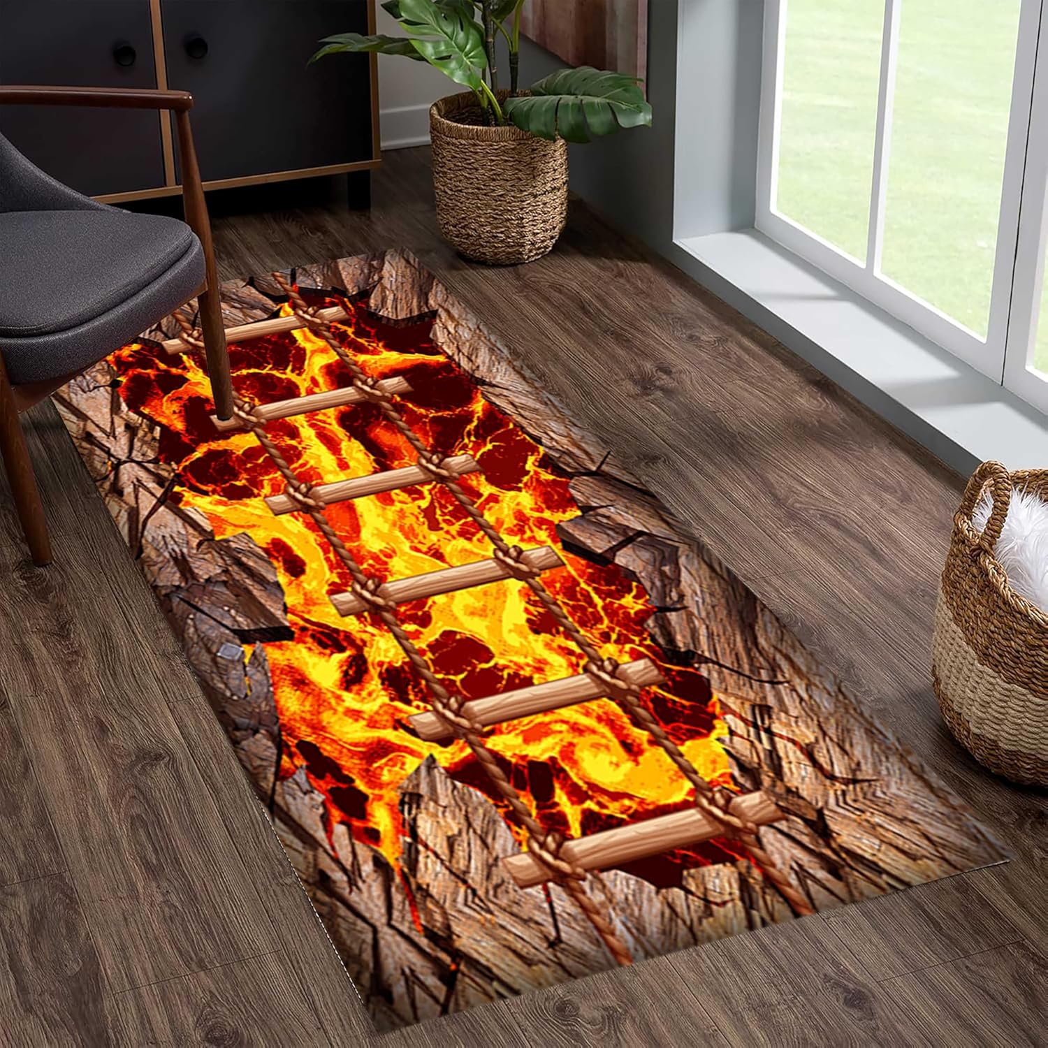 3D Optical Illusion Volcano Hallway Rug, 2.6x10ft, Crater Lava Texture Rock Suspension Bridge Fun Sensation of Falling Runner Rug, Low Pile Thin Foldable Carpets for Patio Nursery Entrance