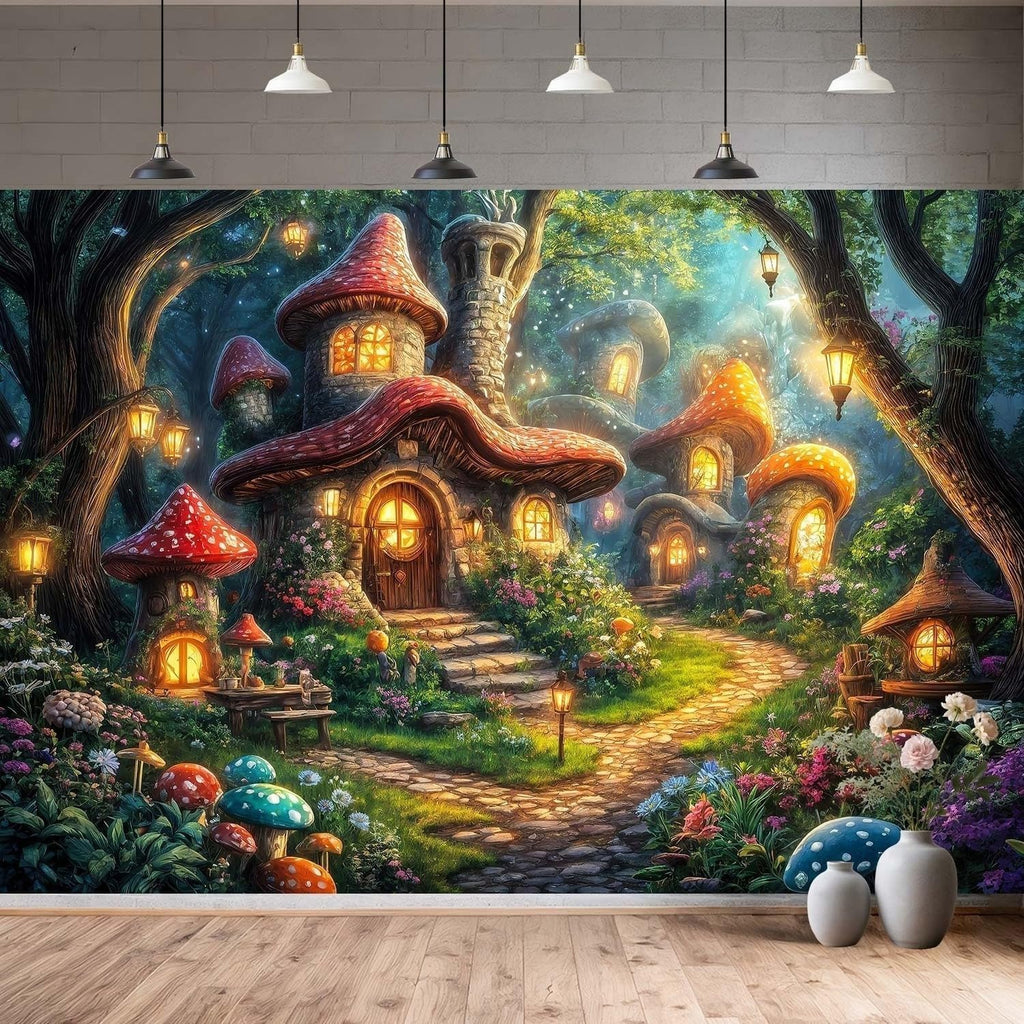 12X8ft Enchanted Forest Backdrop Fairy Tale Forest Mushroom House Photography Background Magic Garden Woodland Party Decorations Photo Shoot Booth Props