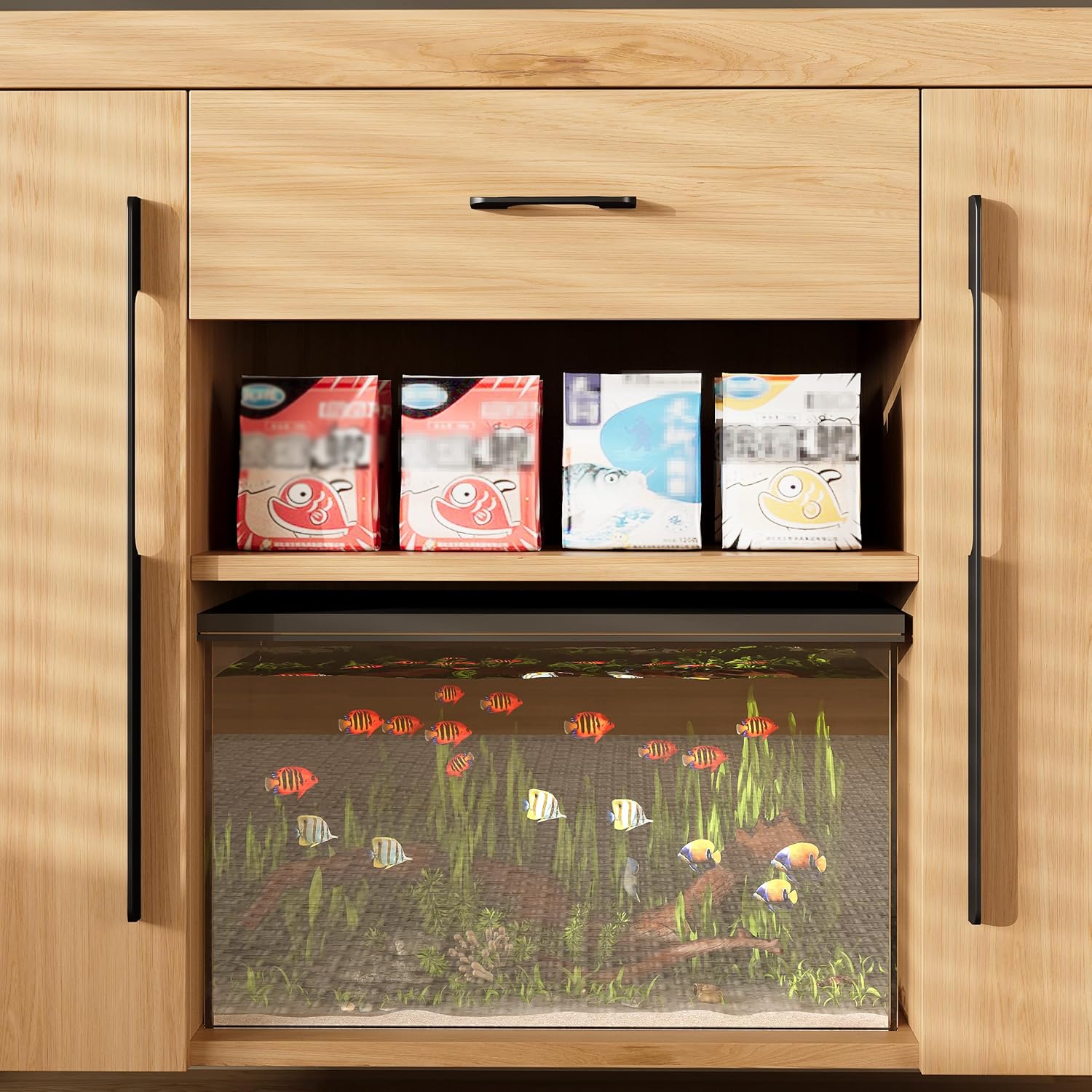 55-75 Gallon Fish Tank Stand with Power Outlet, 880LBS Modern Wood Aquarium Stand with Storage Cabinet and Drawer, Heavy Duty Reptile Turtle Tank, Natural Wood