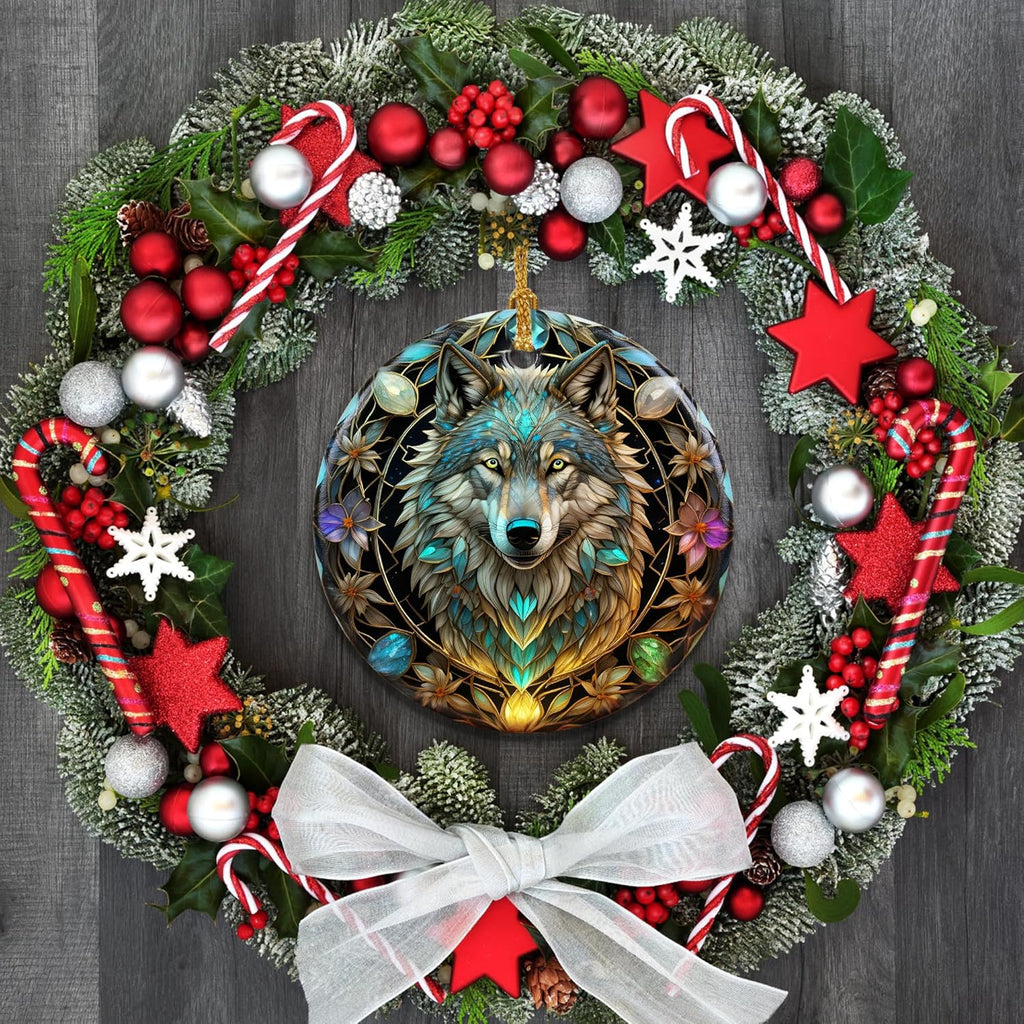 Stained Ceramic Wolf Ornament - Wolf Christmas Ornaments - Christmas Tree Ornaments - Christmas Decorations - Wolf Decor for Office, Room, Home - Holiday Present Ideas