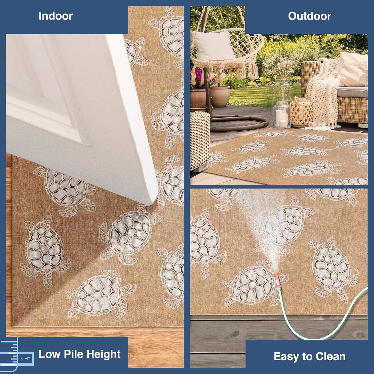 Liora Manne CARMEL Indoor/Outdoor Power Loomed Synthetic Blend Low Profile Area Rug - Transitional Coastal Turtle Decorative (Seaturtles Sand) (6'6" x 9'4")