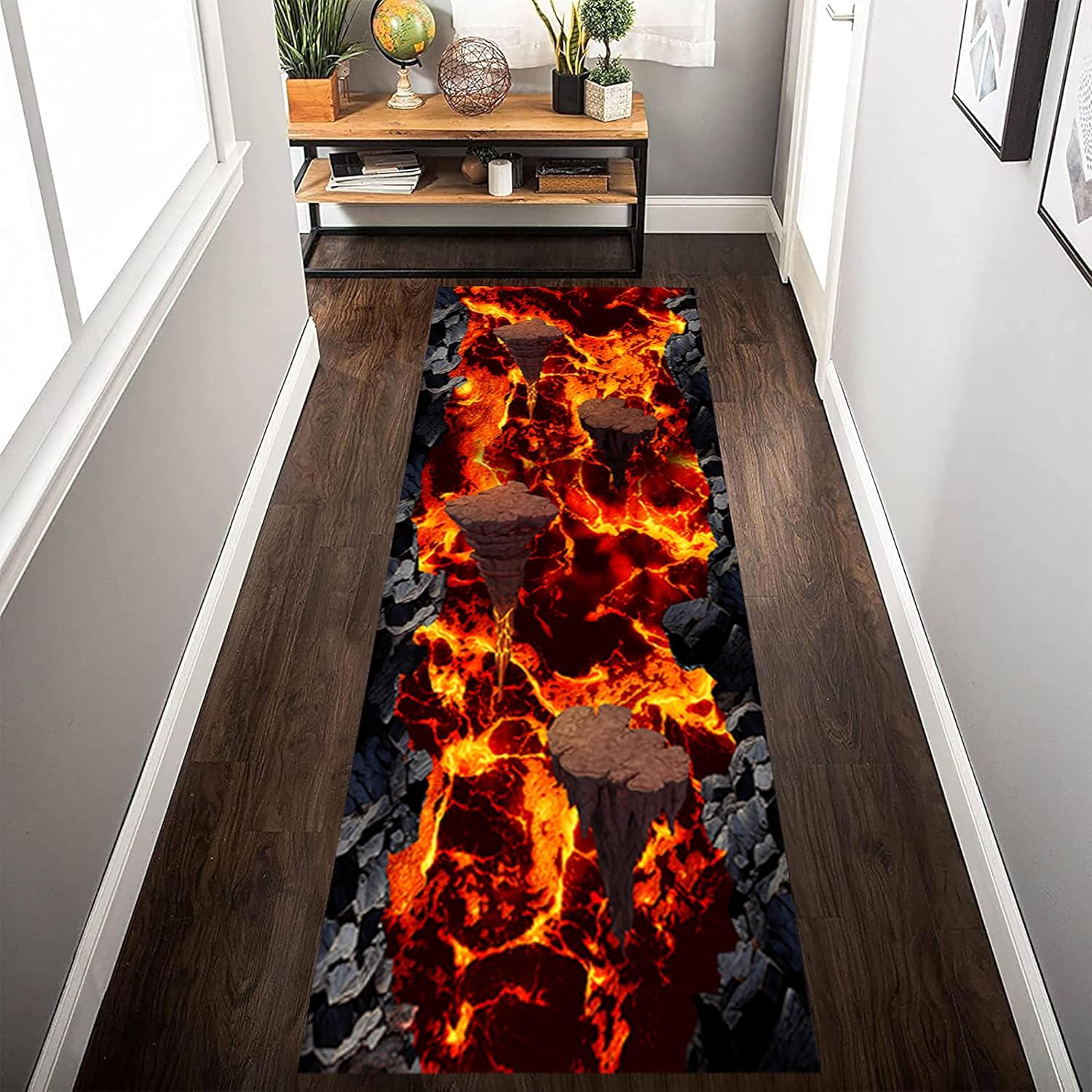3D Landscape Rug, 3.3x7ft, Flame Volcano Hot Lava Bricks Rock Optical Illusion Fun Challenge Play Area Rug, Abstract Aesthetics Decor Door Mat for Hallway Corridor Entryway