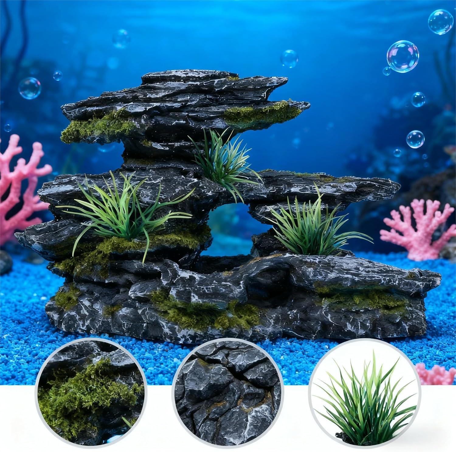 Fish Tank Mountain View Stone Ornament, Large Premium Aquarium Decor, Multi-Functional Spot for Betta, Snails, Turtles to Rest, Play & Basking