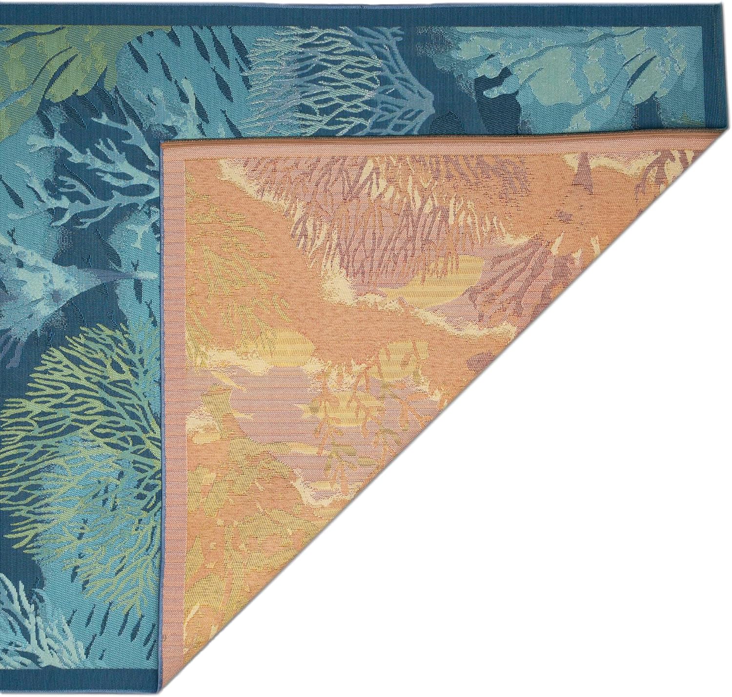 Liora Manne Marina Indoor/Outdoor Power Loomed Synthetic Blend Low Profile Area Rug - Transitional Border Botanical Beach Colorful (Coral Garden Lapis) (1'11" x 7'6")