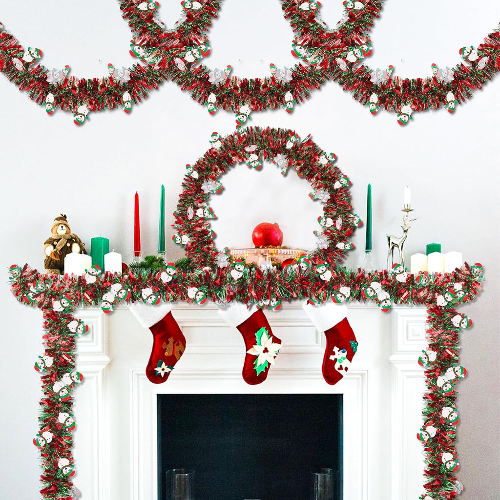 50 FT Christmas Tinsel Garland Christmas Decorations with Snowman Ornament, Red Green Shiny Metallic Twist Christmas Garland for Xmas Tree Home Mantle Stairs Indoor Outdoor Holiday Party Decor