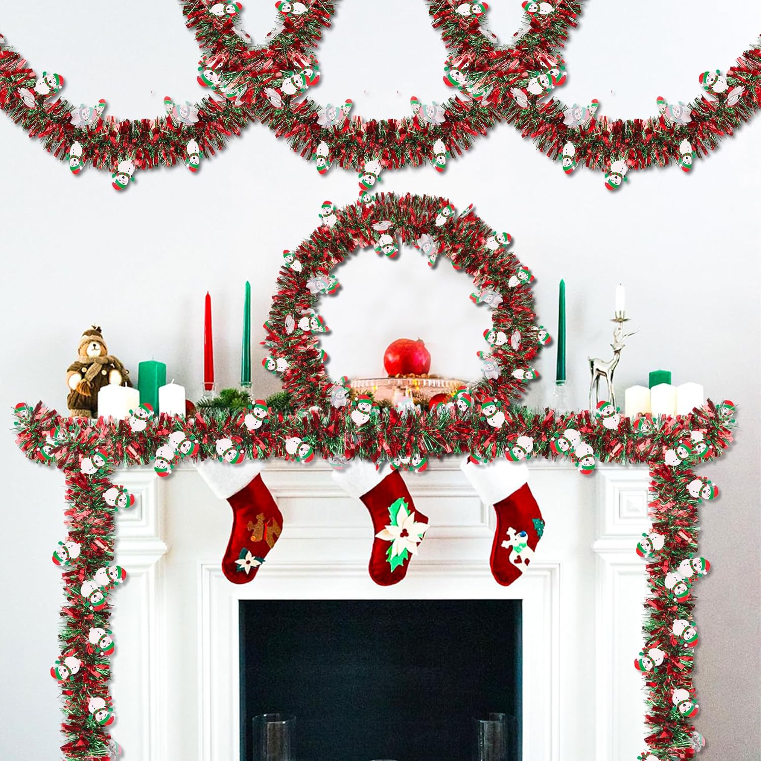 50 FT Christmas Tinsel Garland Christmas Decorations with Snowman Ornament, Red Green Shiny Metallic Twist Christmas Garland for Xmas Tree Home Mantle Stairs Indoor Outdoor Holiday Party Decor