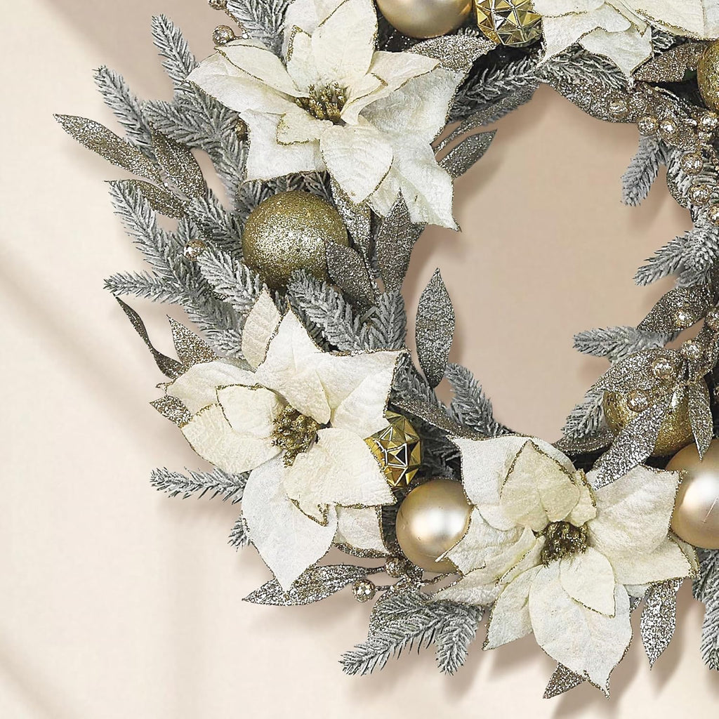 Christmas Wreath Artificial Wreath with White/Silver Balls, Ivory Poinsettias and Gold Leaf for Christmas Holiday Decoration for Home Front Door (Indoor & Outdoor Use)