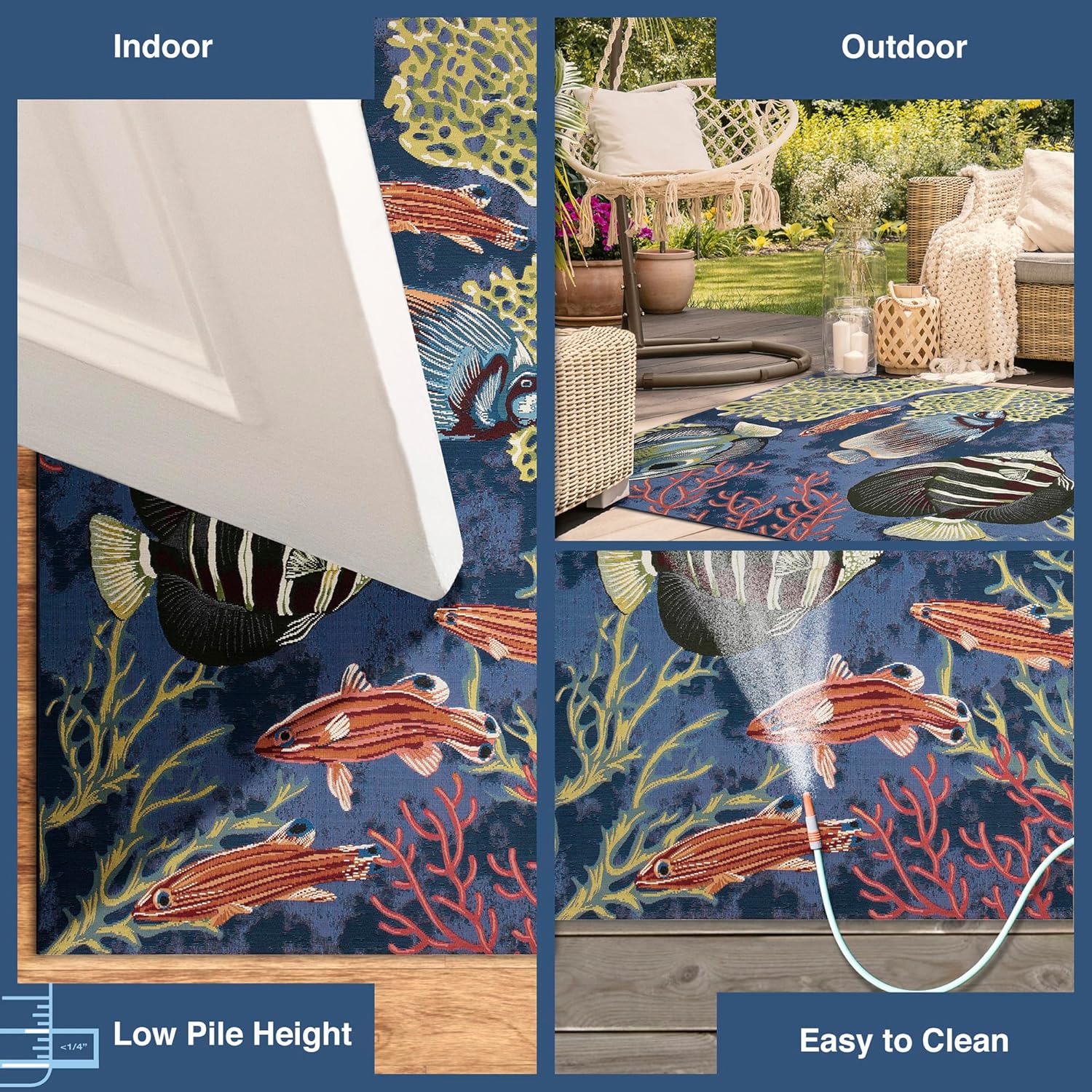 Liora Manne Marina Indoor/Outdoor Power Loomed Synthetic Blend Low Profile Area Rug - Transitional Graphic Coastal Animal Colorful (Fish Navy) (8'10" x 11'9")