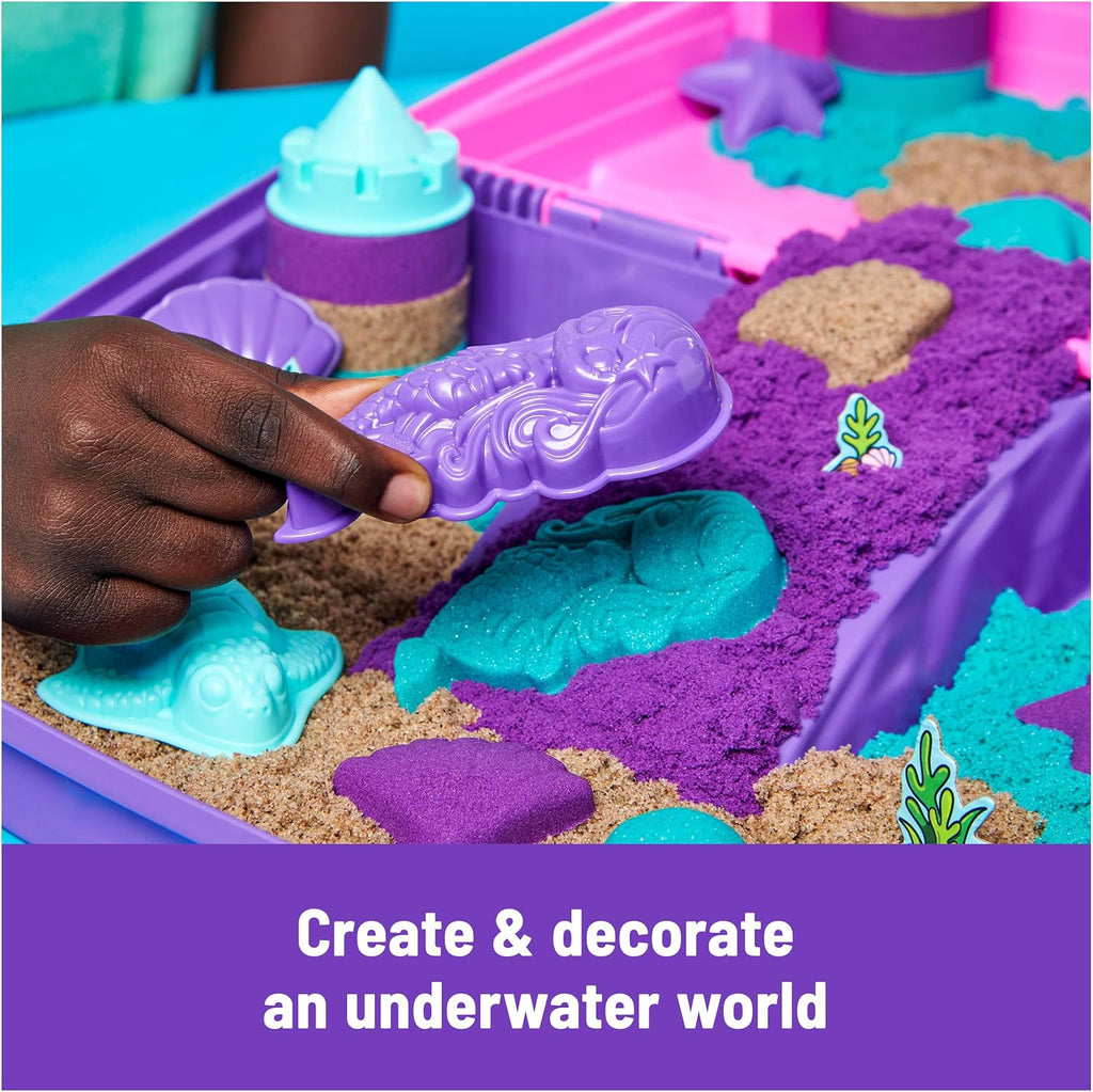 Kinetic Sand, Mermaid Palace Playset Folding Sandbox with 2.06lbs Play Sand (Neon Purple, Shimmer Teal & Beach), Tools, Sensory Toys, Stocking Stuffers for Kids Ages 3 and up