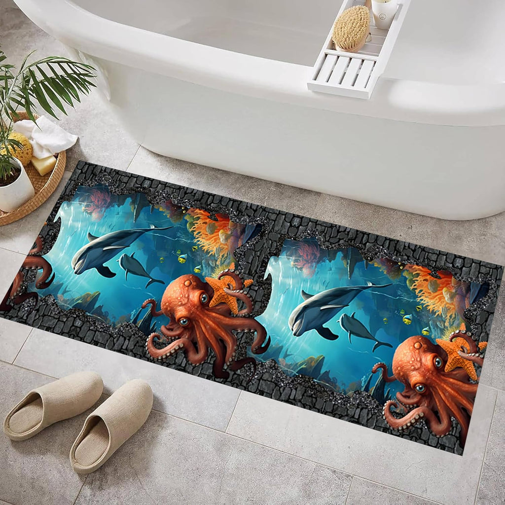 Ocean Octopus Runner Rug, 1.3x7ft, 3D Illusion Trap Ocean Nautical Whale Nautical Rug, Washable Rug Soft Non-Slip Octopus Rug Runners for Hallway Boys Girls Bedroom Game Mat