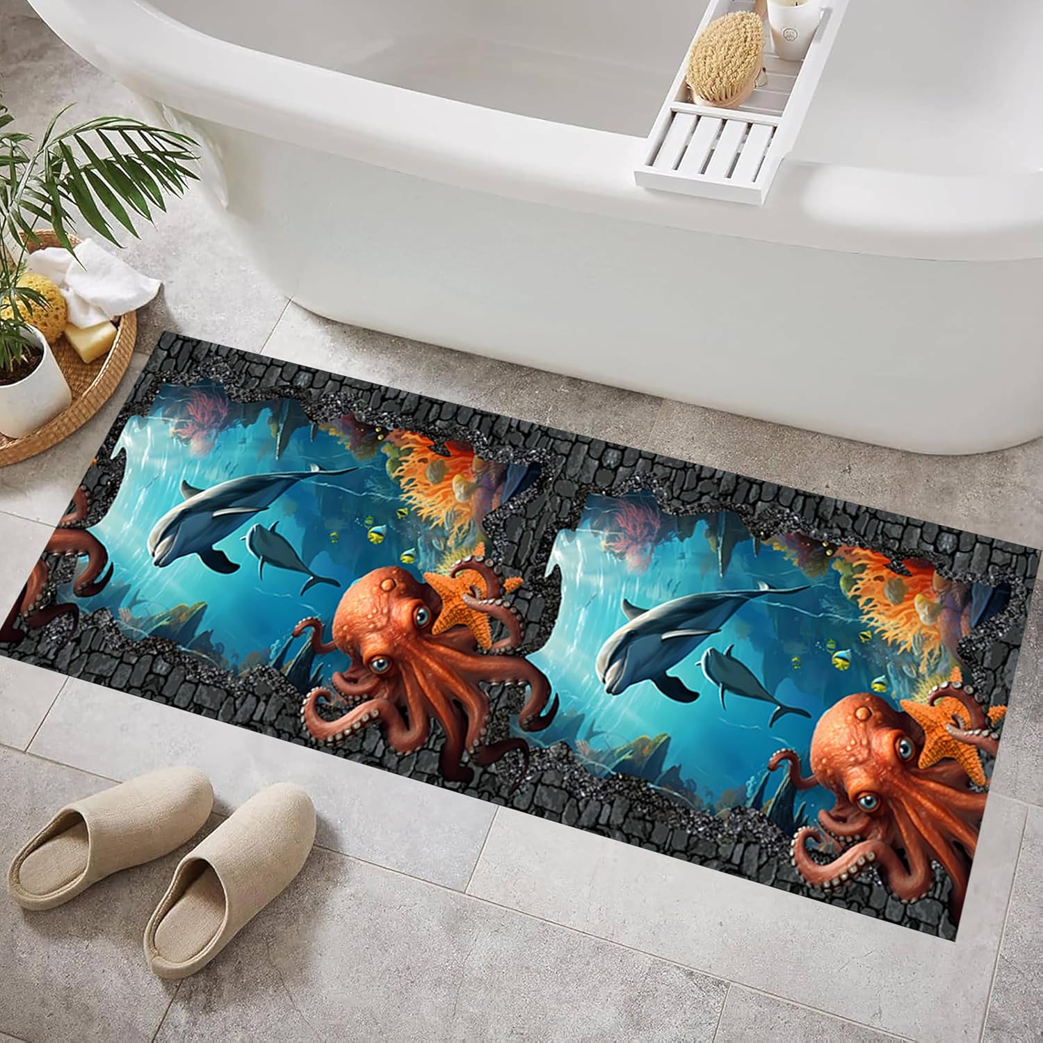 Ocean Octopus Runner Rug, 1.3x7ft, 3D Illusion Trap Ocean Nautical Whale Nautical Rug, Washable Rug Soft Non-Slip Octopus Rug Runners for Hallway Boys Girls Bedroom Game Mat