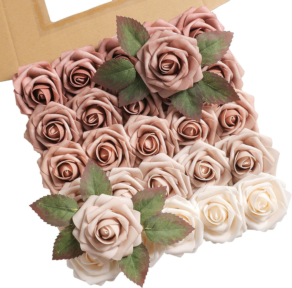 Artificial Roses Flowers 25pcs Morandi Peach Ombre Colors Foam Fake Roses with Stems for DIY Wedding Bouquets Bridal Shower Centerpieces Party Home Decorations