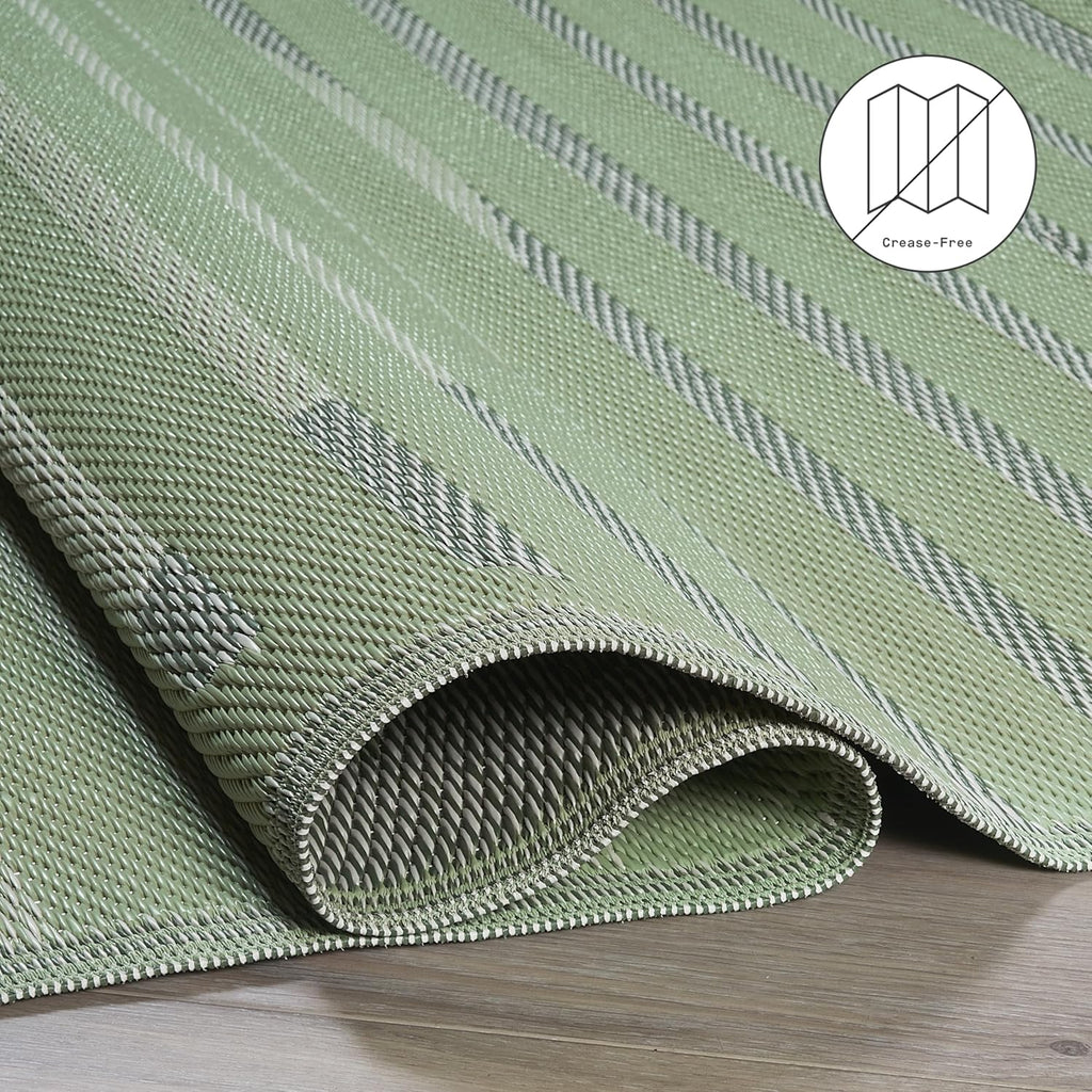 Fab Habitat Striped Outdoor Rug - Waterproof, Fade Resistant, Crease-Free, Reversible - Premium Recycled Plastic - Patio Porch Balcony Deck - Kyoto - Green - 8 x 10 ft