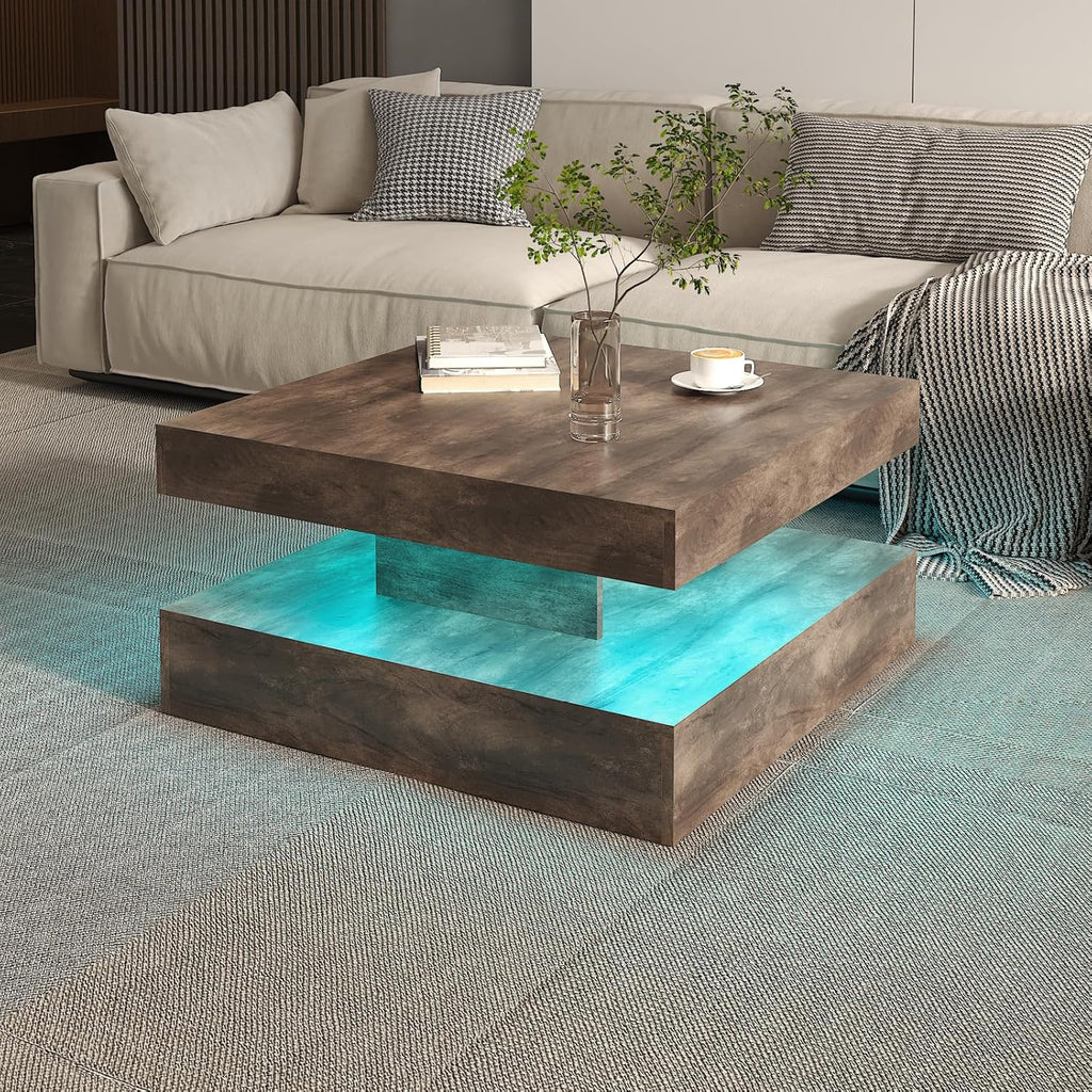 LED Coffee Table for Living Room, Living Room Table 2-Tier Square Middle Center Table, Modern Coffee Tables with Storage, Contemporary Wood Tea Tables for Dining Reception, Rustic