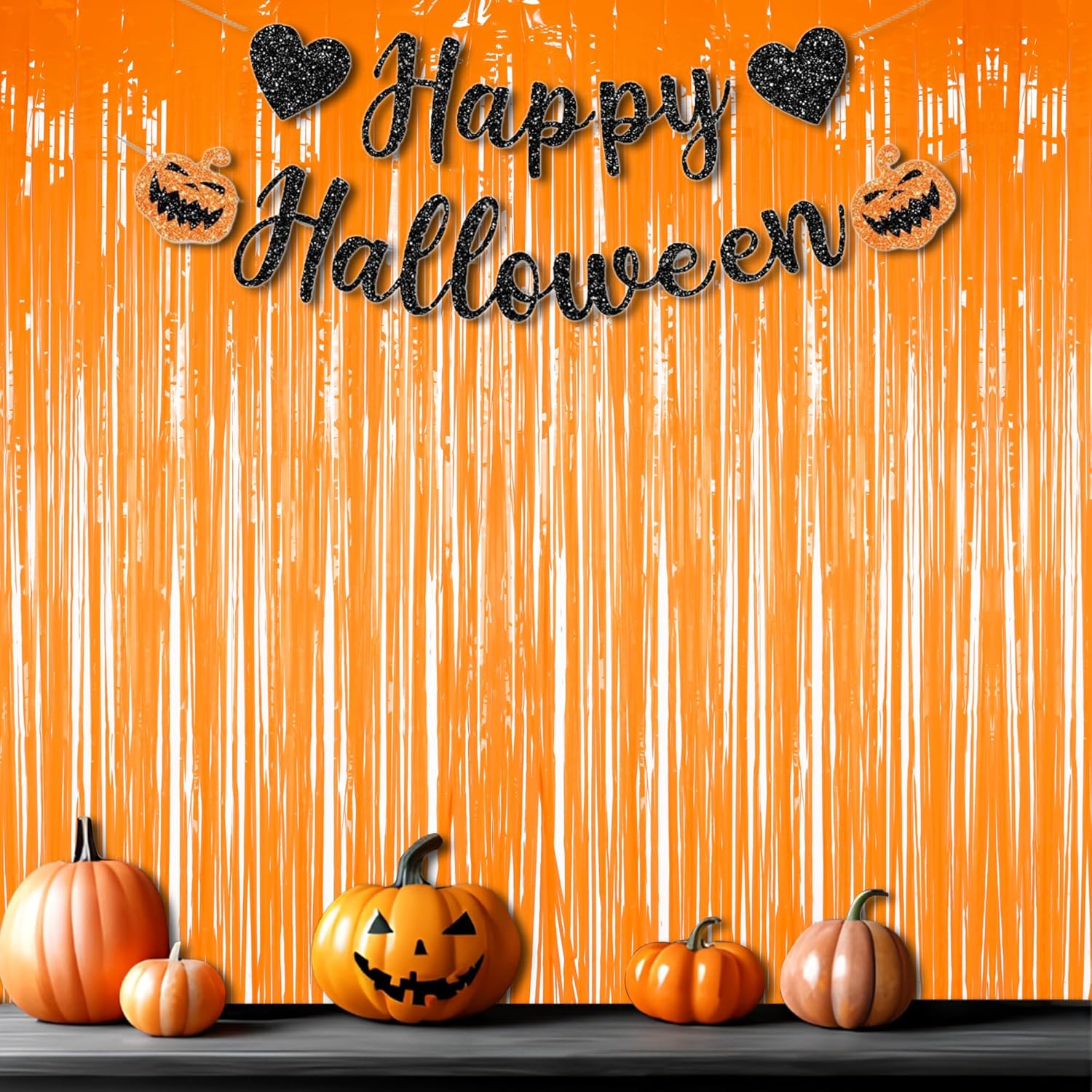 Foil Fringe Curtains Halloweens Decorations - Orange Tinsel Photo Backdrop Party Streamers for St Patricks Day, Easter, Birthdays, Fall, Pumpkin Theme, Thanksgiving, Basketball Party Decorations