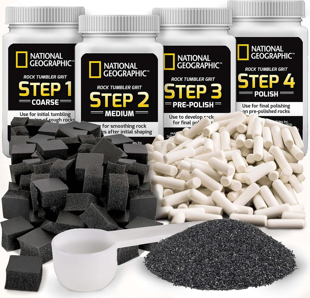 Blue Marble National Geographic Rock Tumbler Media – The Ultimate Rock Polishing Supplies Kit, 4 Stage Bulk Grit, 1.5 Pounds of Ceramic Pellets, GemFoam Polishing Tumbling Media