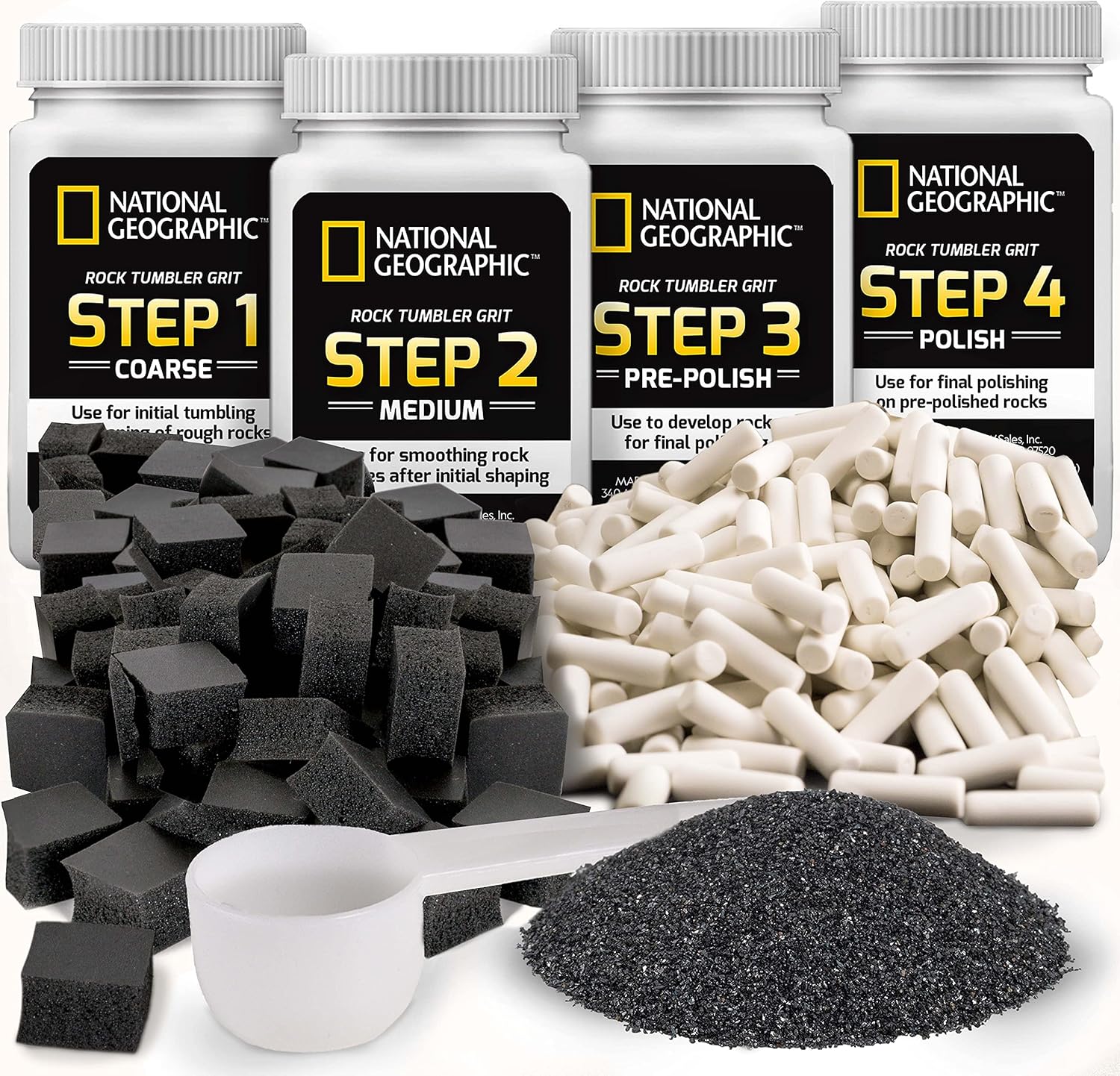 Blue Marble National Geographic Rock Tumbler Media – The Ultimate Rock Polishing Supplies Kit, 4 Stage Bulk Grit, 1.5 Pounds of Ceramic Pellets, GemFoam Polishing Tumbling Media