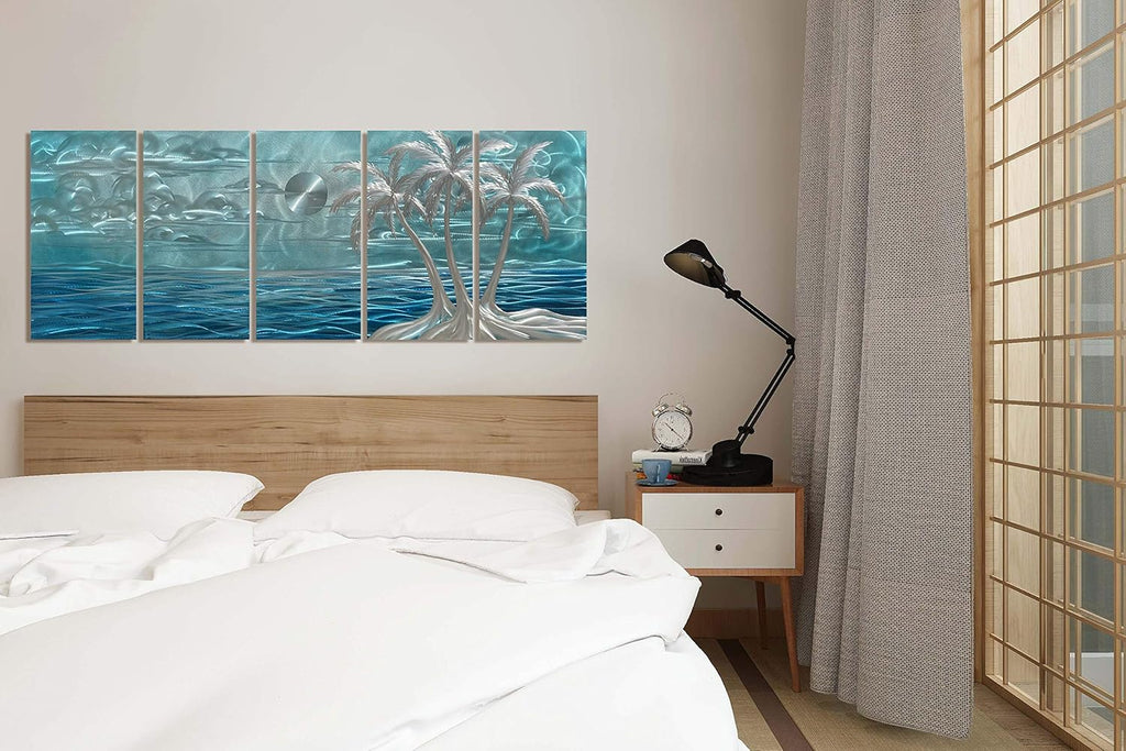 BATRENDY ARTS Modern Beach Metal Wall Art Decor 3D Silver Coconut Palm on the Shores of Hawaii Blue Coast Hanging Sculptures Outdoor or Indoor Tree Decorations