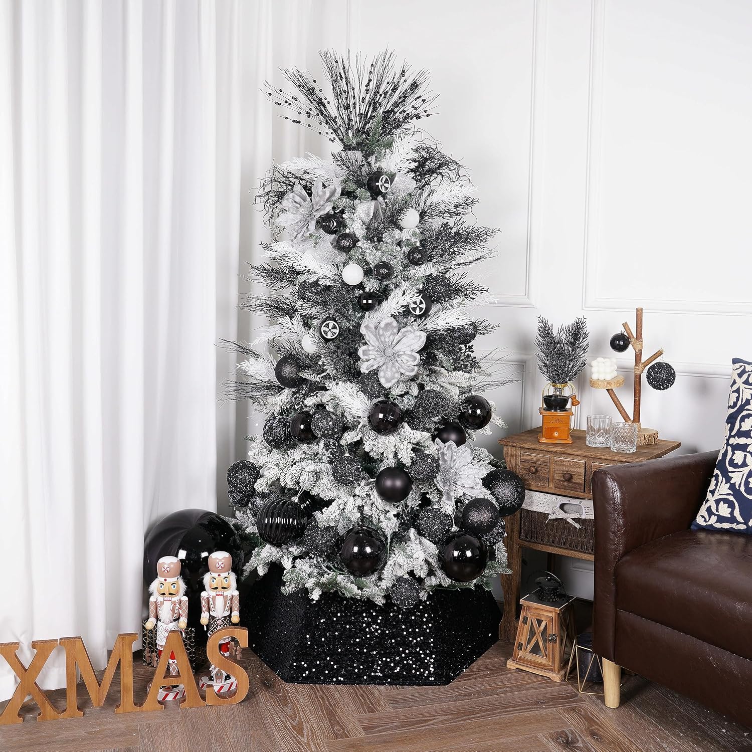 Christmas Glitter Stems 24pcs Artificial Pine Tree Picks for Christmas Tree Ornaments fillers, DIY Xmas Wreath, Crafts, Garland, Holiday, Party, Wedding and Home Decoration (Black)