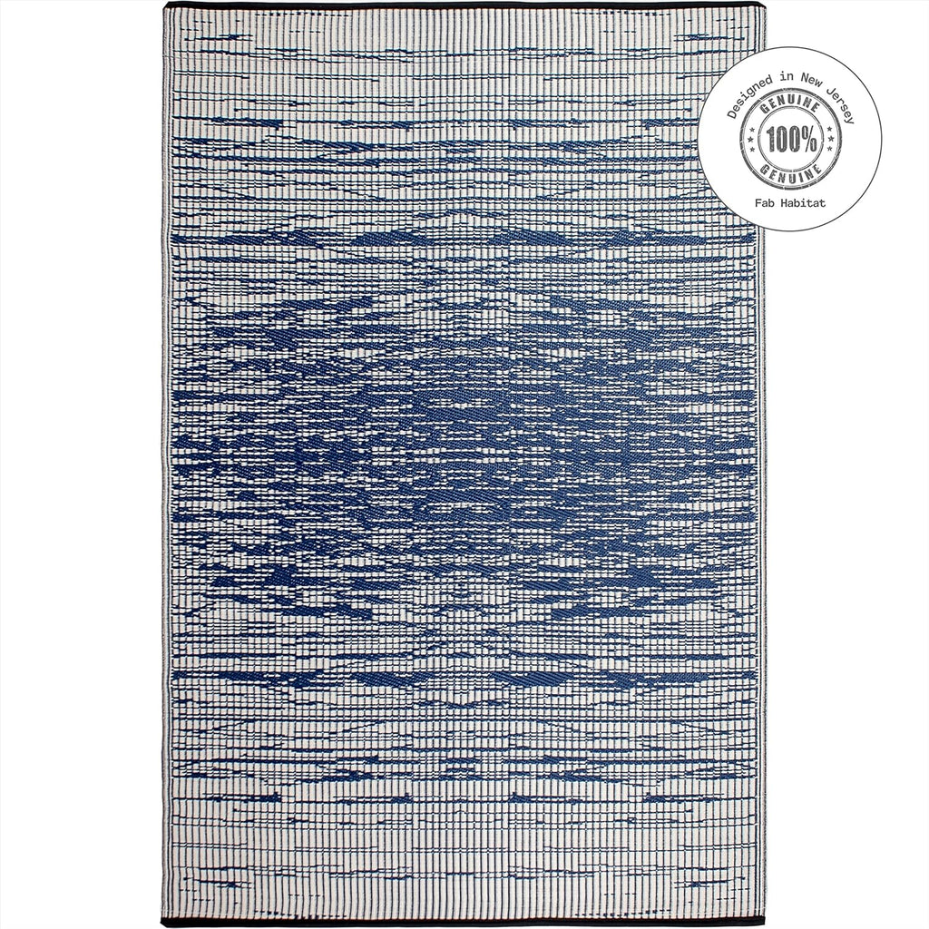 Fab Habitat Outdoor Rug - Waterproof, Fade Resistant, Crease-Free, Reversible - Premium Recycled Plastic - Distressed Abstract Stripes - Patio, Porch, Deck, Balcony - Brooklyn - Blue - 5 x 8 ft